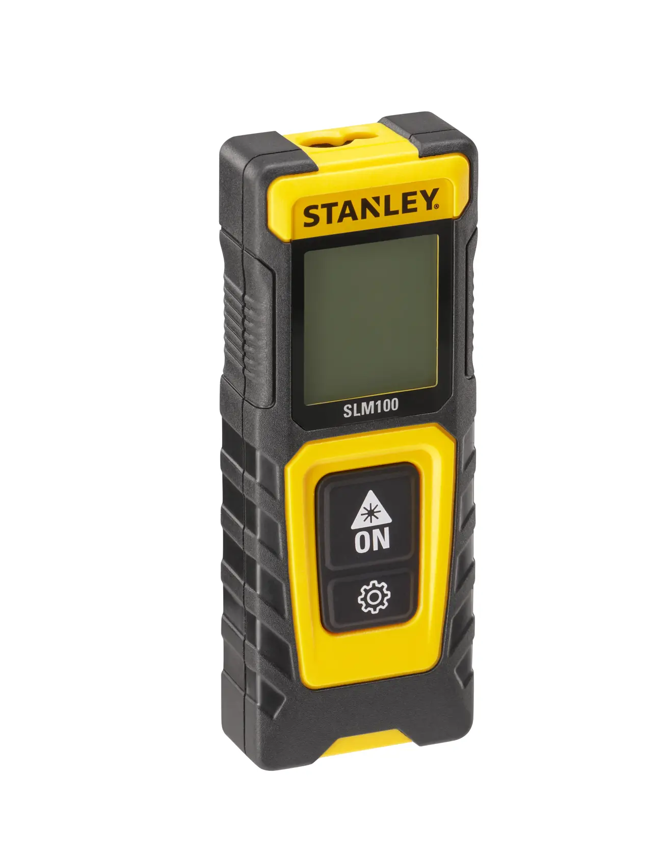 Foto des STANLEY STHT77100-0 Laser-Entfernungsmessers auf Holzrahmen auf Baustelle, Person nutzt Wasserwaage im Hintergrund.