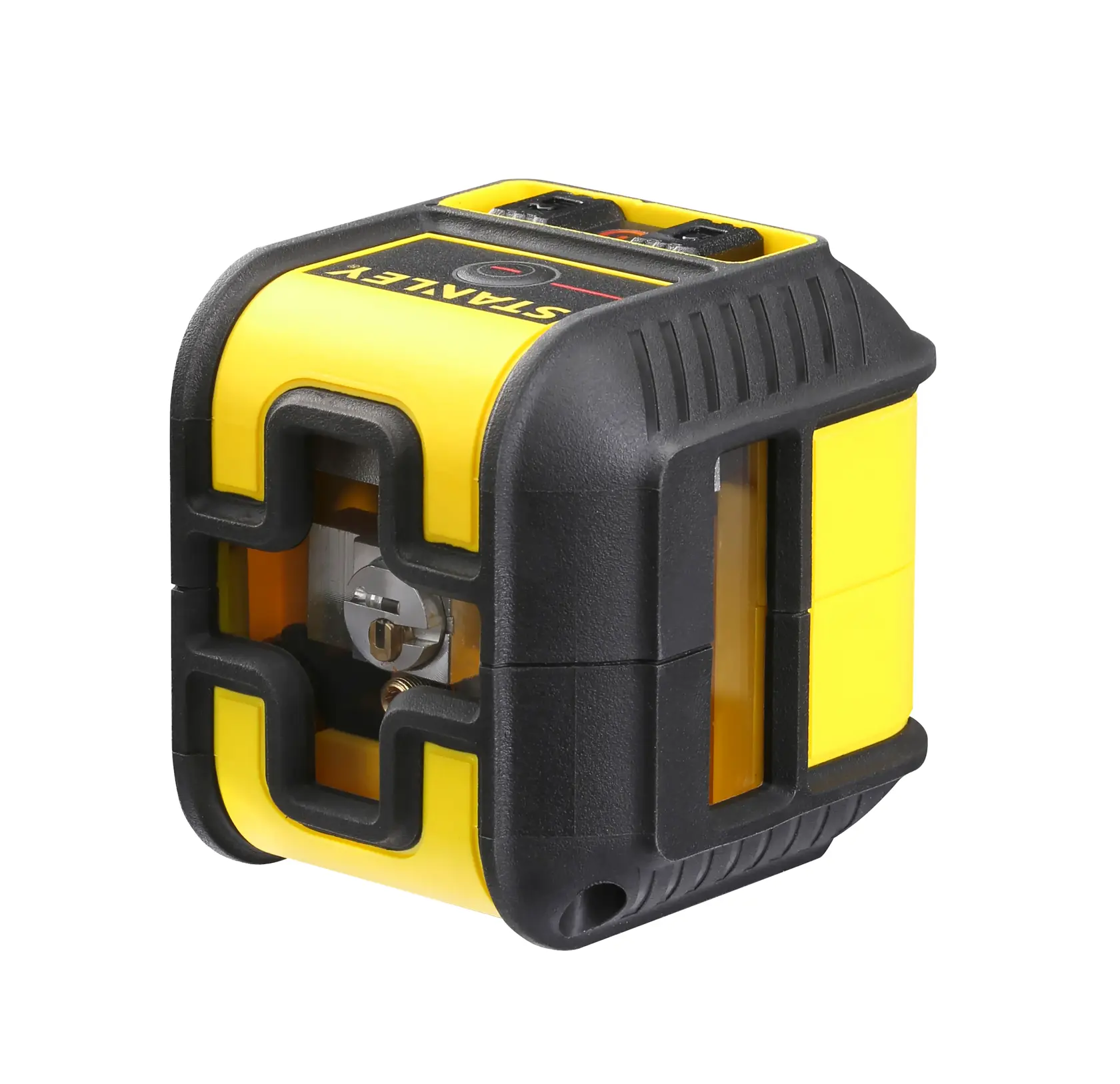 Stanley STHT77502-1 Laser-Nivelliergerät gelb-schwarz, Winkelansicht, robustes Design, weißer Hintergrund.
