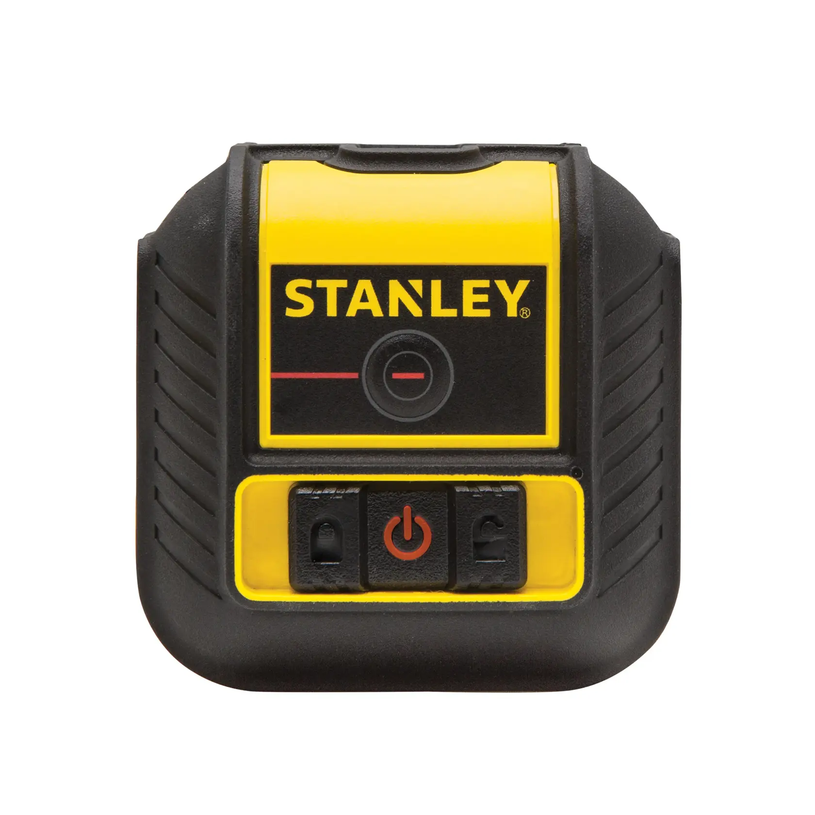Frontansicht Foto vom STANLEY Laser-Nivelliergerät STHT77502-1, gelb-schwarz, mit Power-Taste und Symbolen.