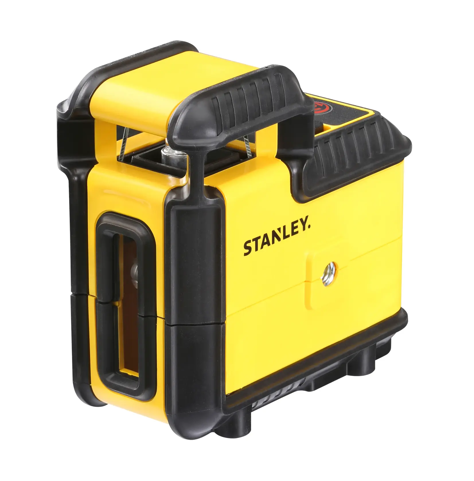 Foto des gelb-schwarzen STANLEY STHT77504-1 Laser-Niveaus, vorne abgewinkelt auf weißem Hintergrund.