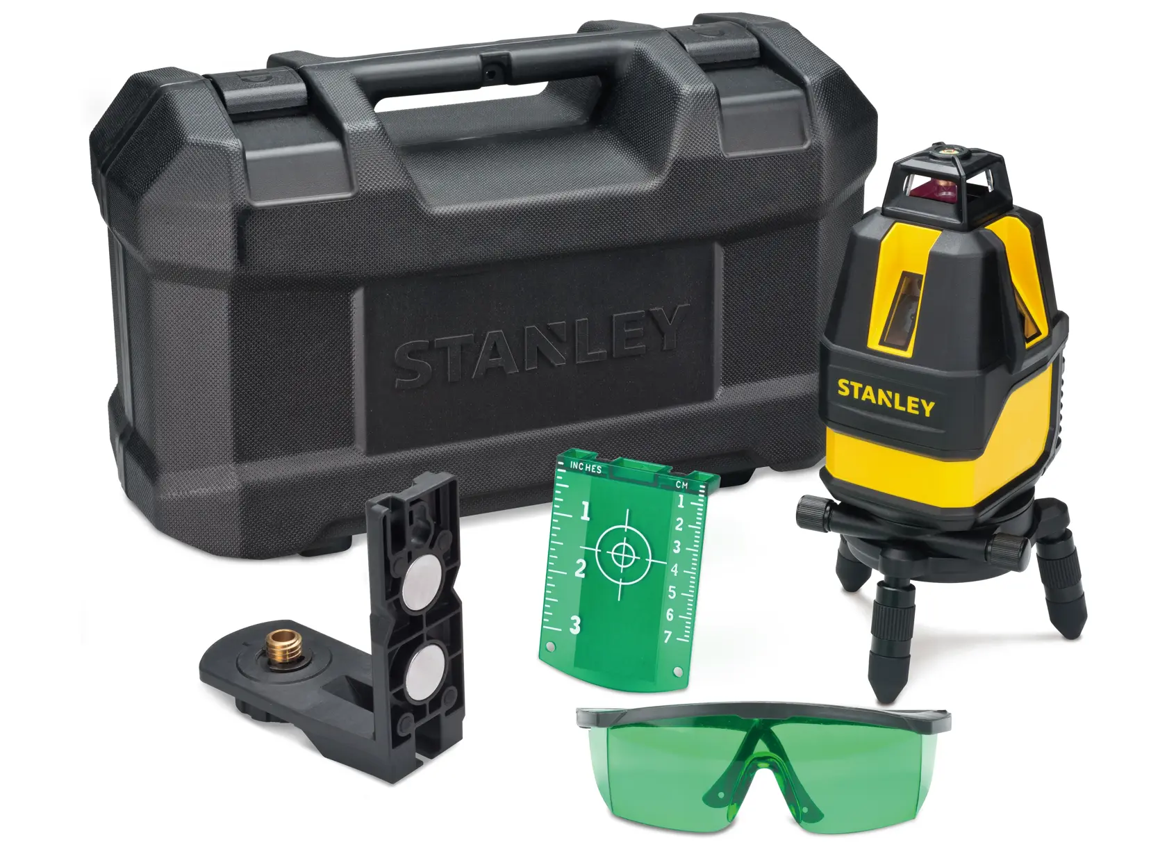 Stanley Laser-Nivelliergerät mit Hartschalenkoffer, Stativ, grüner Brille, Zielplatte und Halterung.