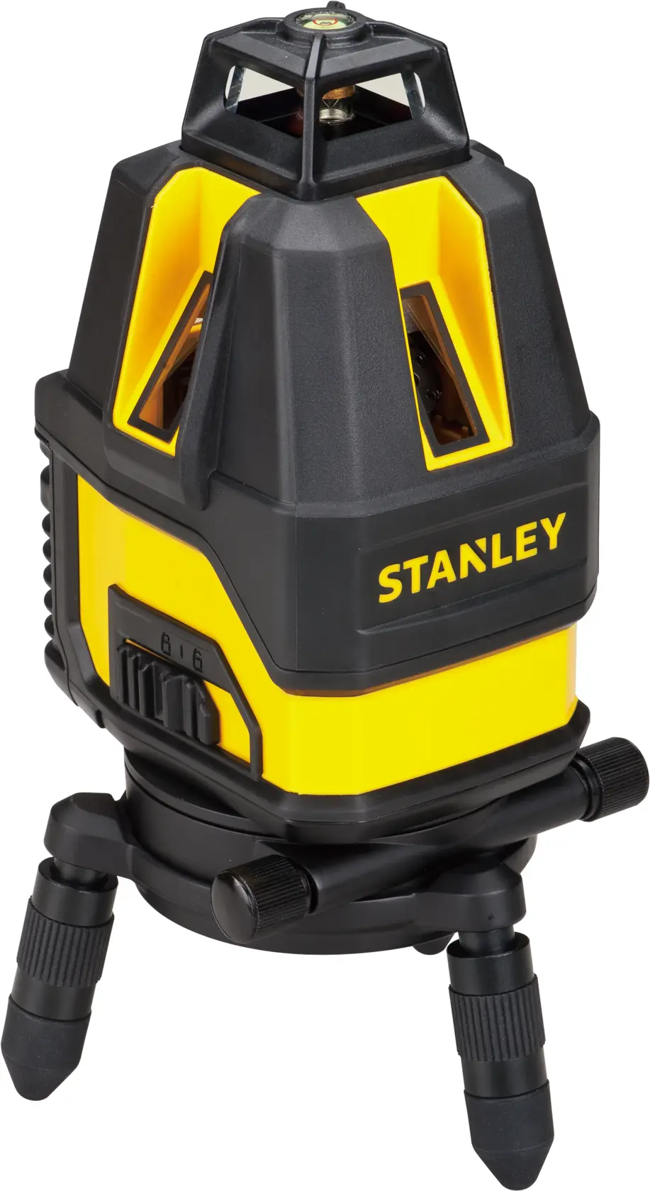 Foto des STANLEY STHT77524-1 gelb-schwarzen Rotationslasern auf Stativ, Frontansicht, Fotografieprodukt.