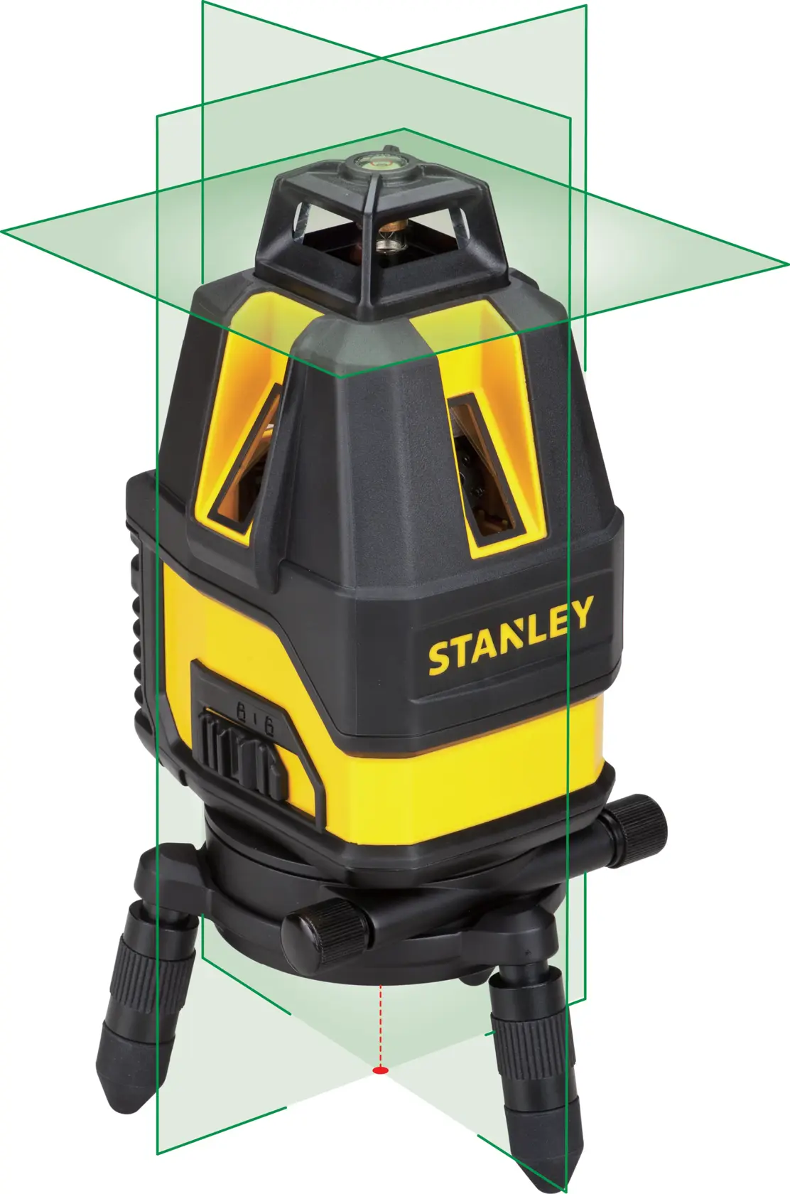 Foto des STANLEY STHT77524-1 Laser-Nivelliergeräts mit Stativbasis und grünen Laserlinien, Vorderansicht auf weißem Hintergrund.
