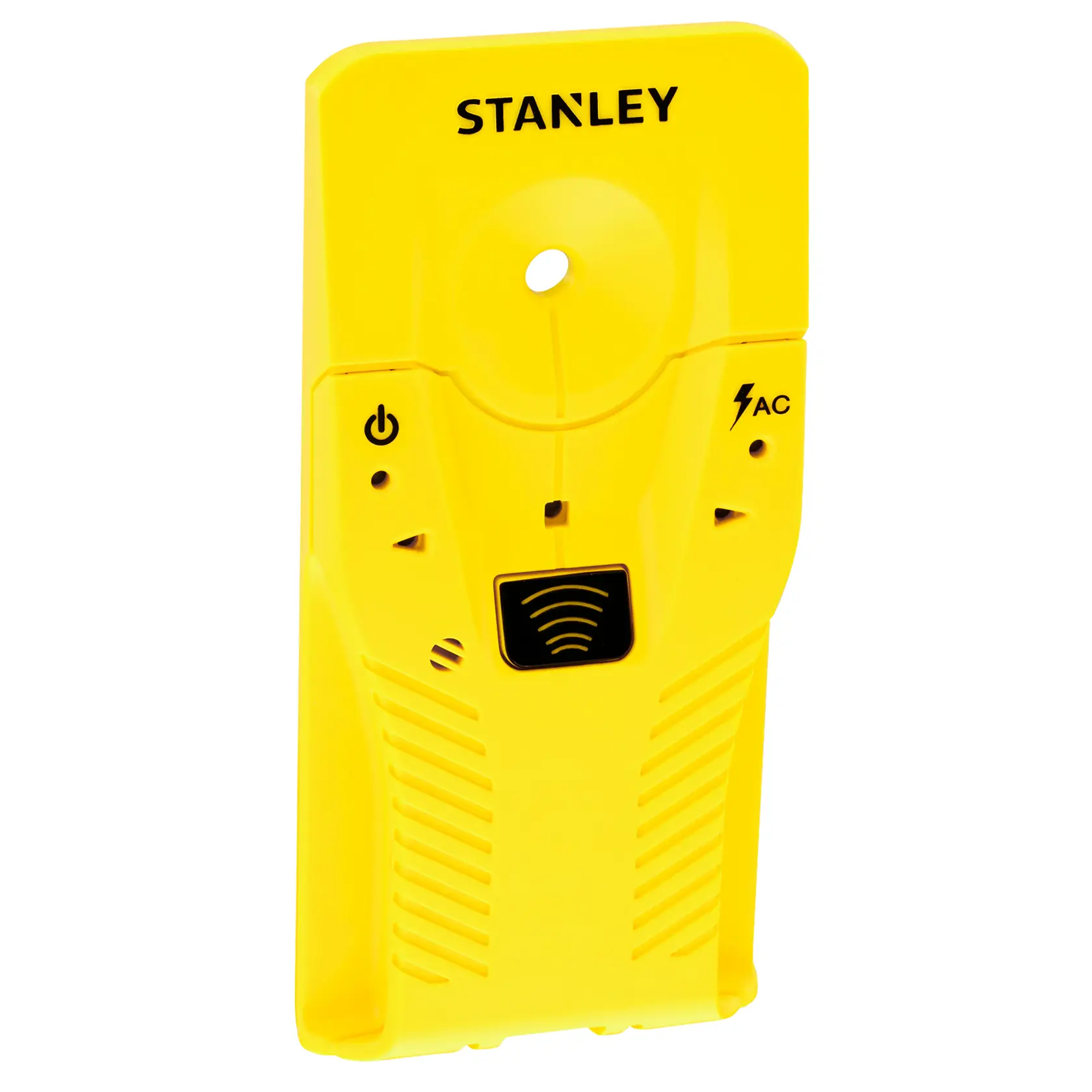 Foto des gelben STANLEY STHT77587-0 Leitungsfinders mit Strom- und AC-Erkennungs-Tasten, auf weißem Hintergrund.