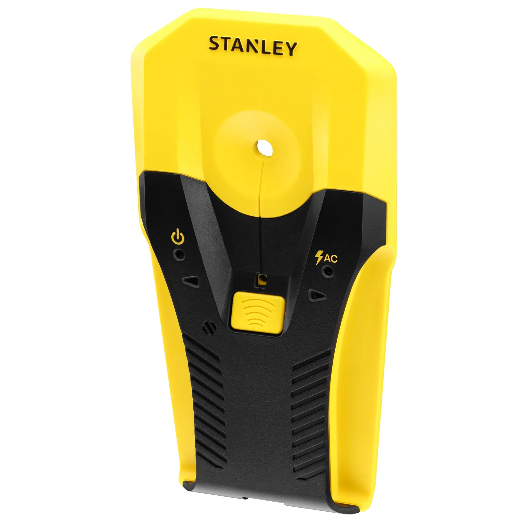 STANLEY STHT77588-0 gelb-schwarzer Leitungssucher, Handgerät, Frontansicht, mit Strom- und AC-Anzeigen.