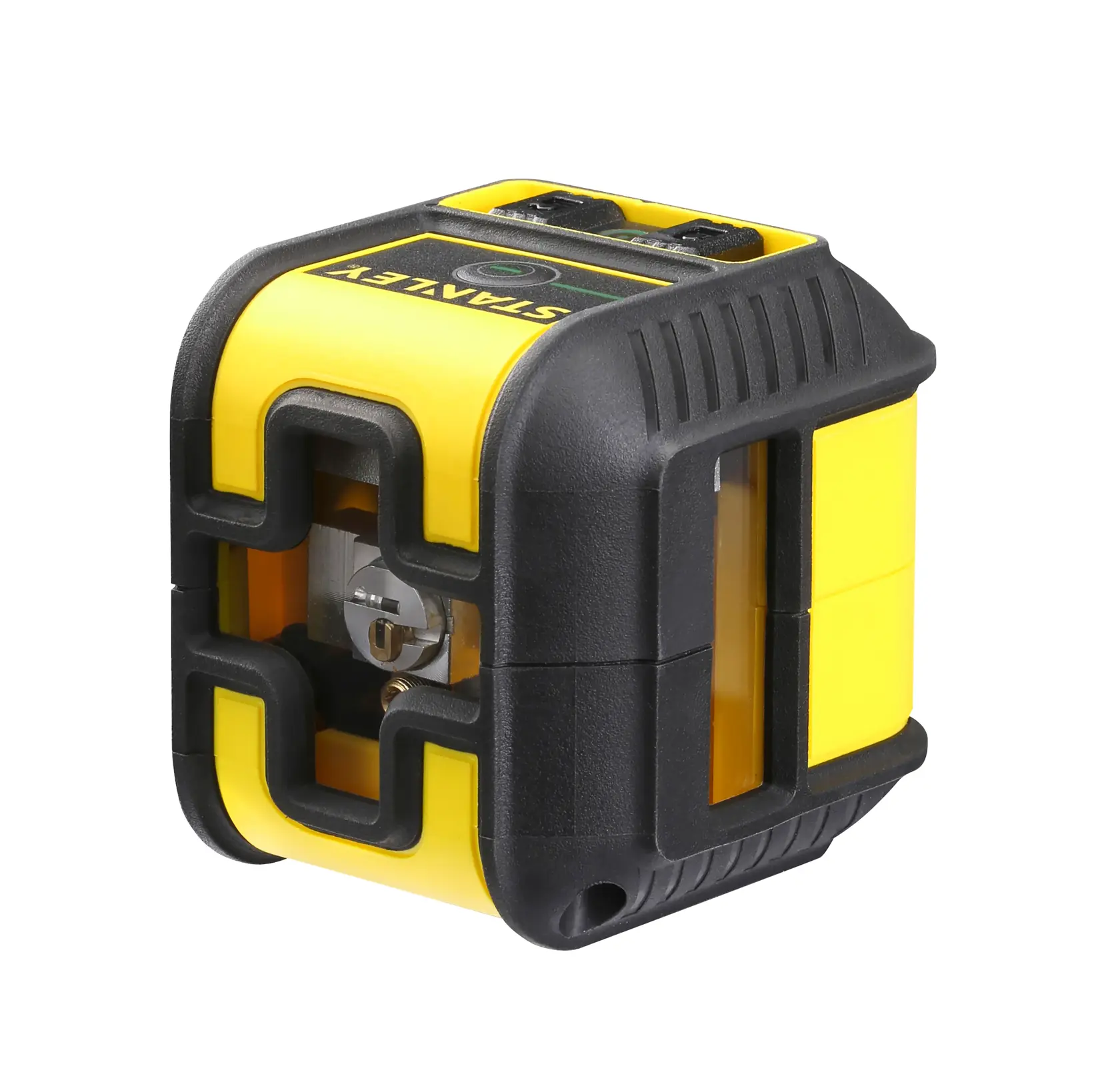 STANLEY STHT77592-1 Kreuzlinien-Laser, gelb und schwarz, schräge Ansicht auf weißem Hintergrund.