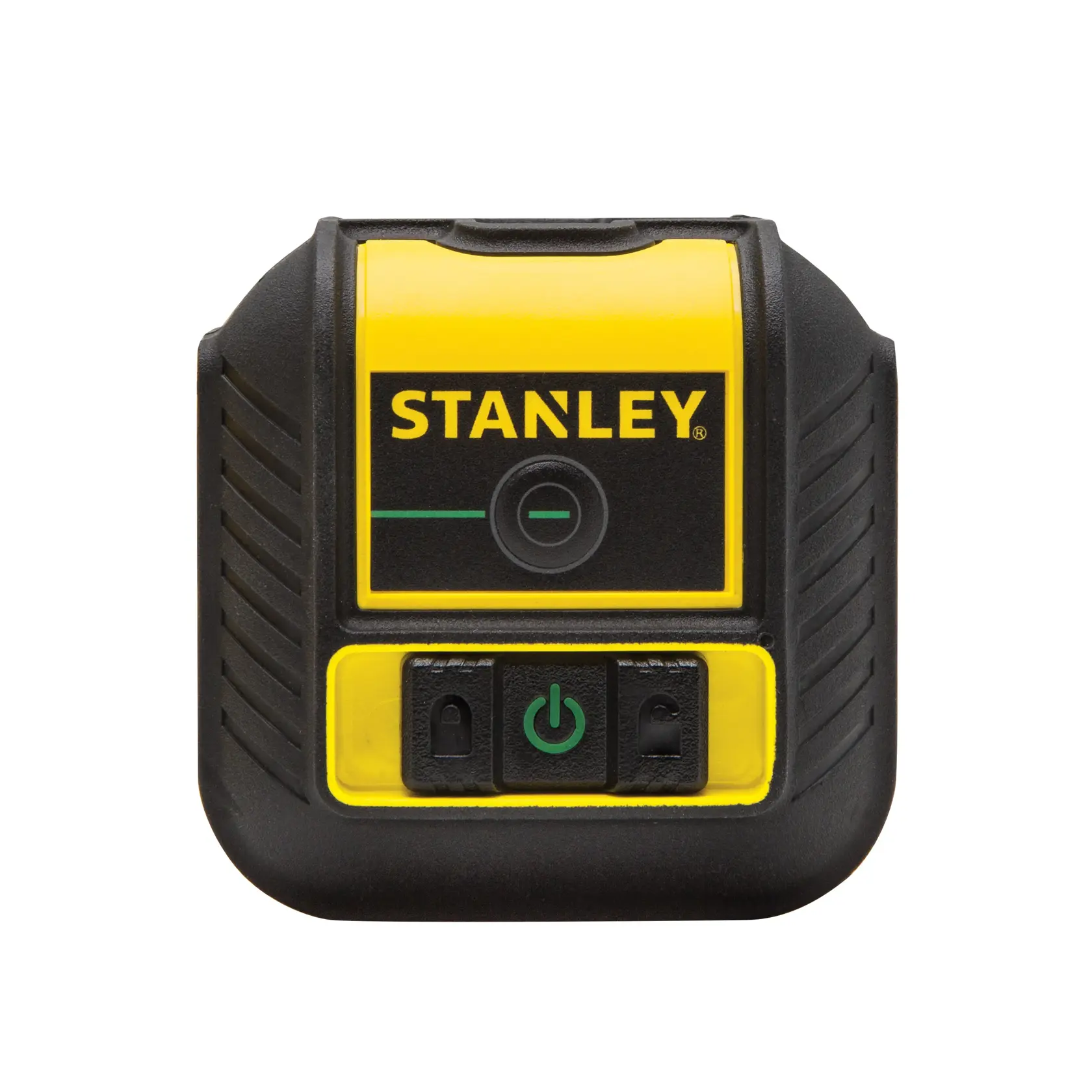 STANLEY STHT77592-1 Laser-Wasserwaage, gelb und schwarz, Frontansicht auf weißem Hintergrund.