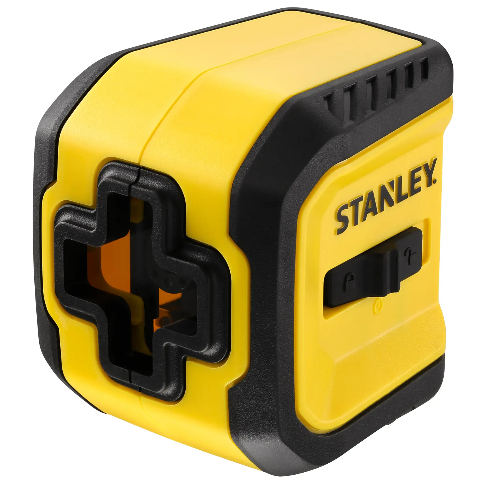 Foto des STANLEY STHT77611-0 Laser-Nivelliergeräts, gelb-schwarzes Gehäuse, Vorderansicht von rechts, sichtbarer Schalter.