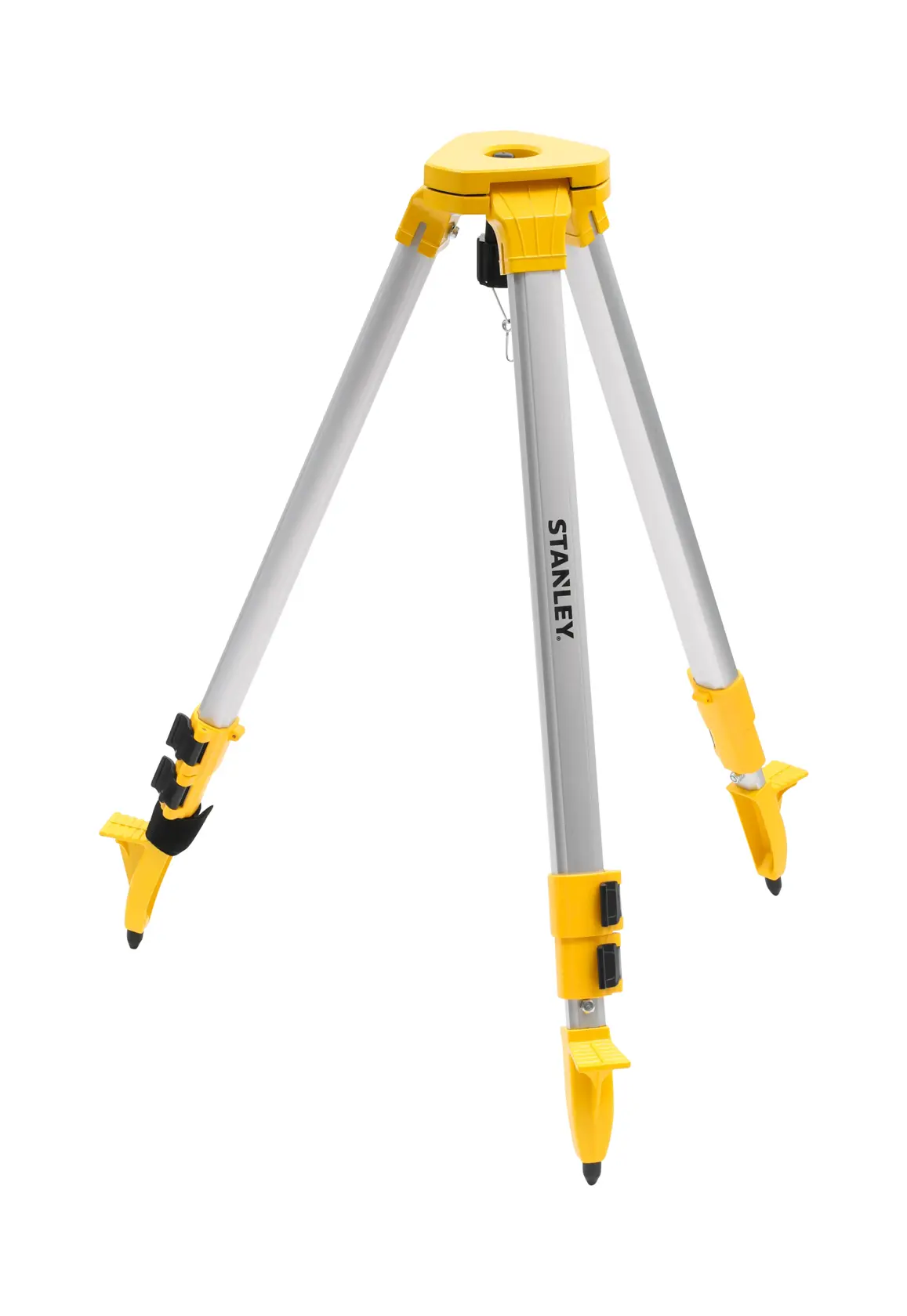 Foto des STANLEY STHT77625-1 Aluminium-Stativs für Fotografie, silber und gelb, Vorderansicht auf weißem Hintergrund.