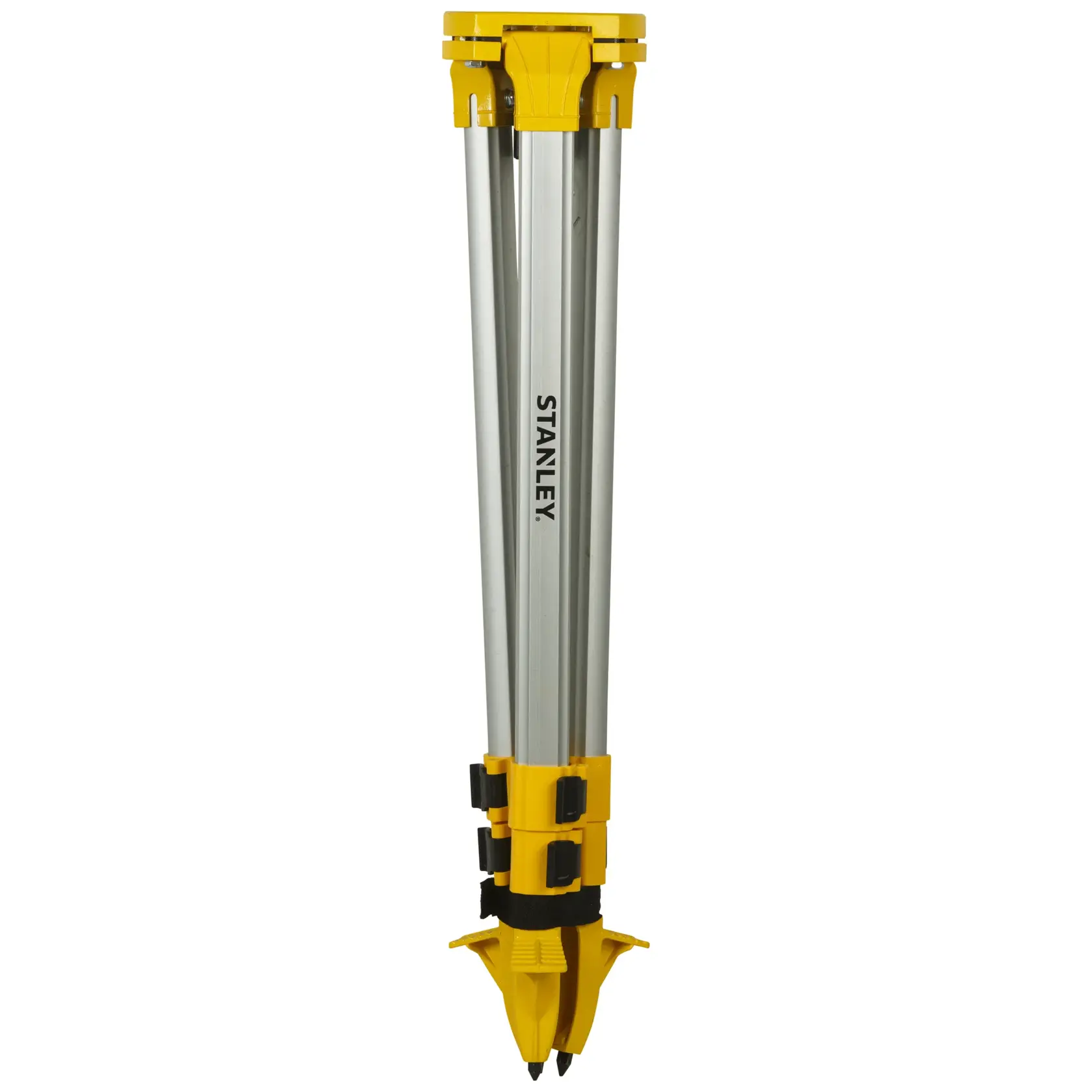 Gefaltetes Stanley Aluminium-Stativ in Gelb und Silber mit schwarzen Klemmen für Fotografie und Vermessung.