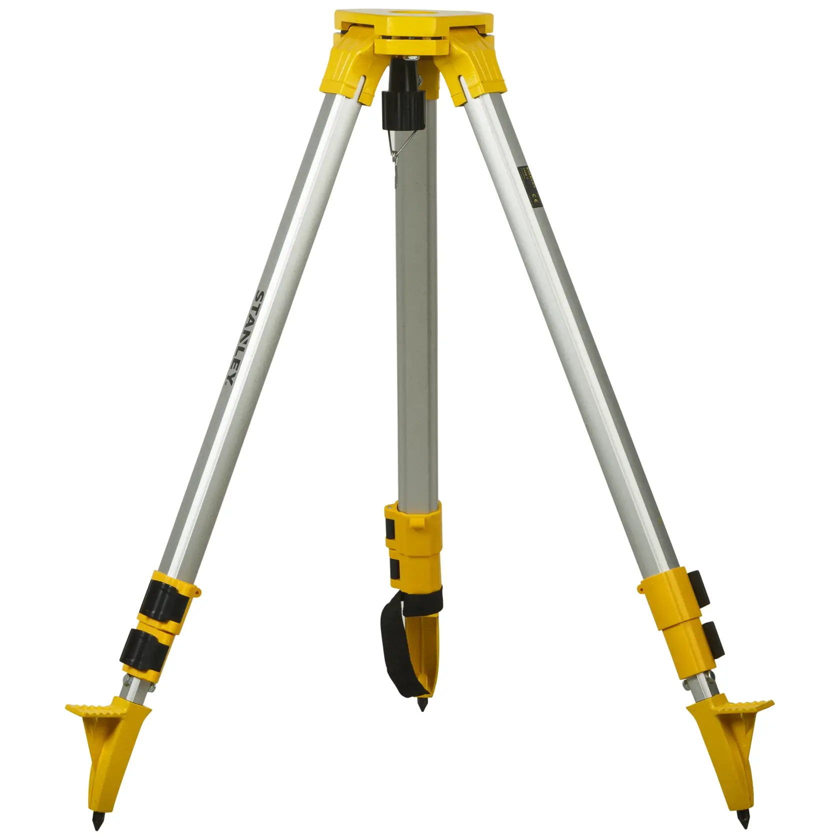 Stanley Aluminium-Stativ mit gelben Akzenten und verstellbaren Beinen für Fotografie oder Vermessung.