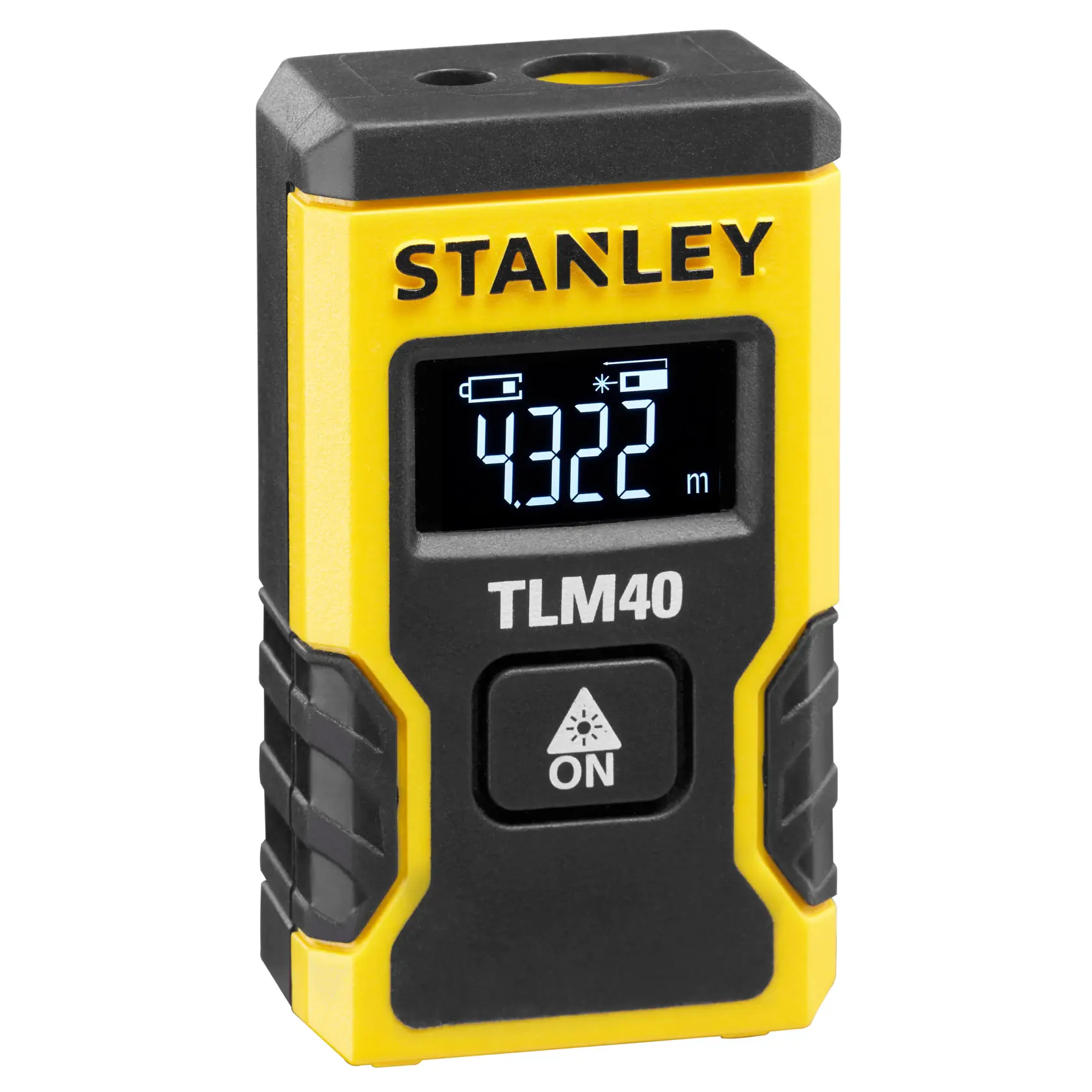 STANLEY STHT77666-0 Laser-Entfernungsmesser TLM40, gelb und schwarz, Frontansicht, LCD mit 4,322 m.