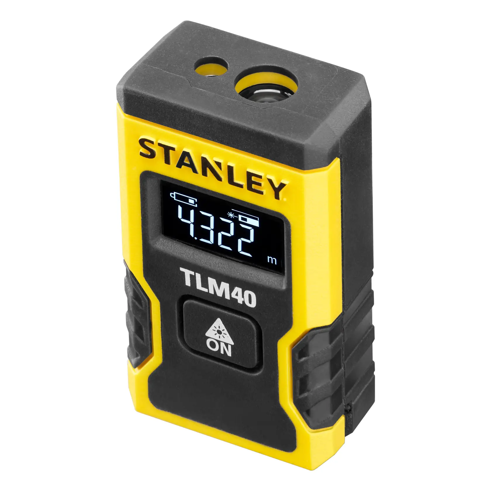 Foto des STANLEY STHT77666-0 Laser-Entfernungsmessers, gelb und schwarz, schräge Frontansicht mit LCD-Anzeige.