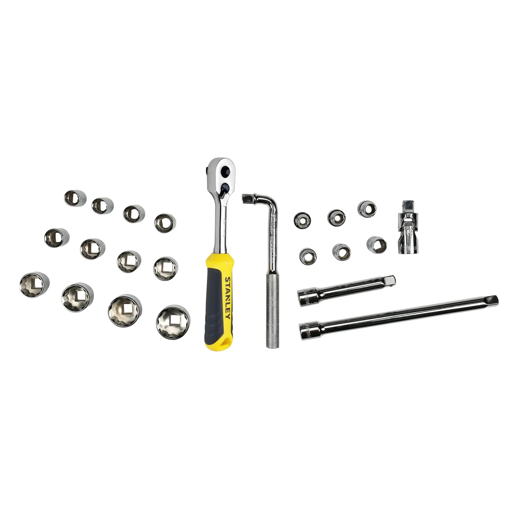 Stanley socket wrench set with ratchet, sockets, extension bars and accessories arranged on white background.