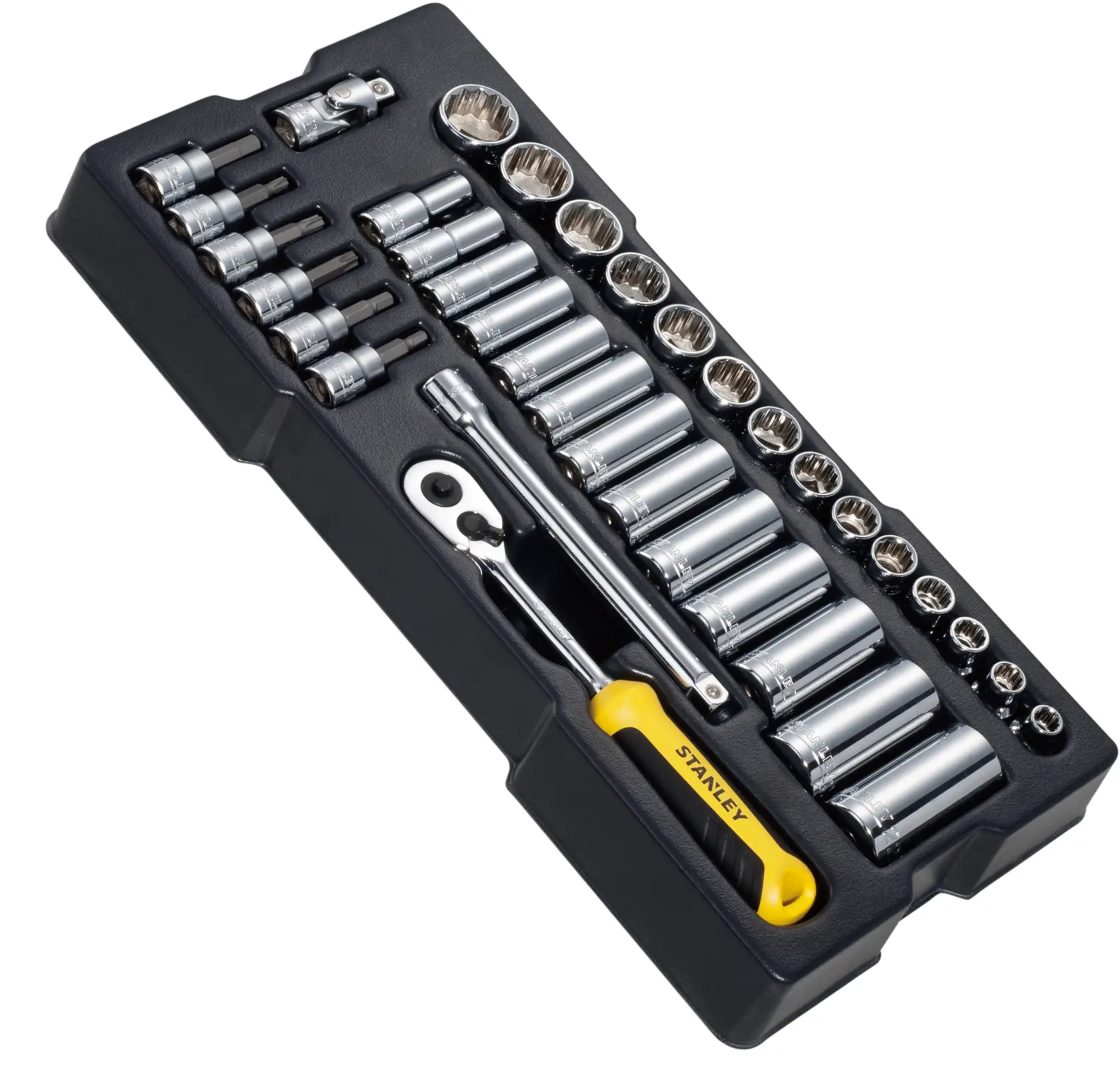 STANLEY STMT1-74174 socket set with ratchet, yellow handle, chrome sockets in black tray, top angle.