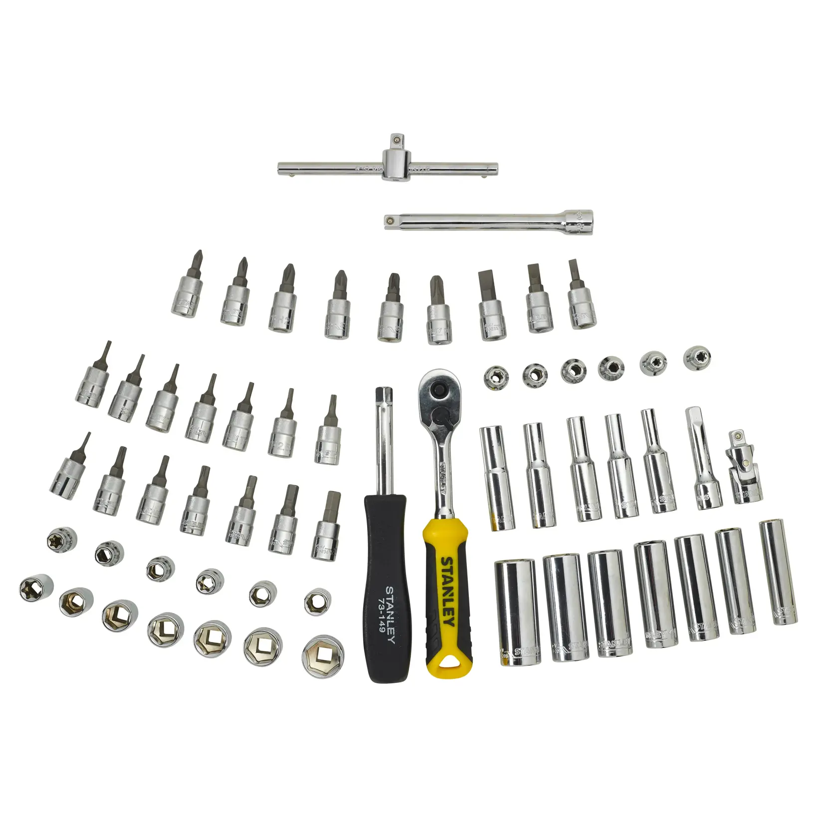 Stanley socket and ratchet set with various bits, extensions, and tools arranged neatly on a white background.