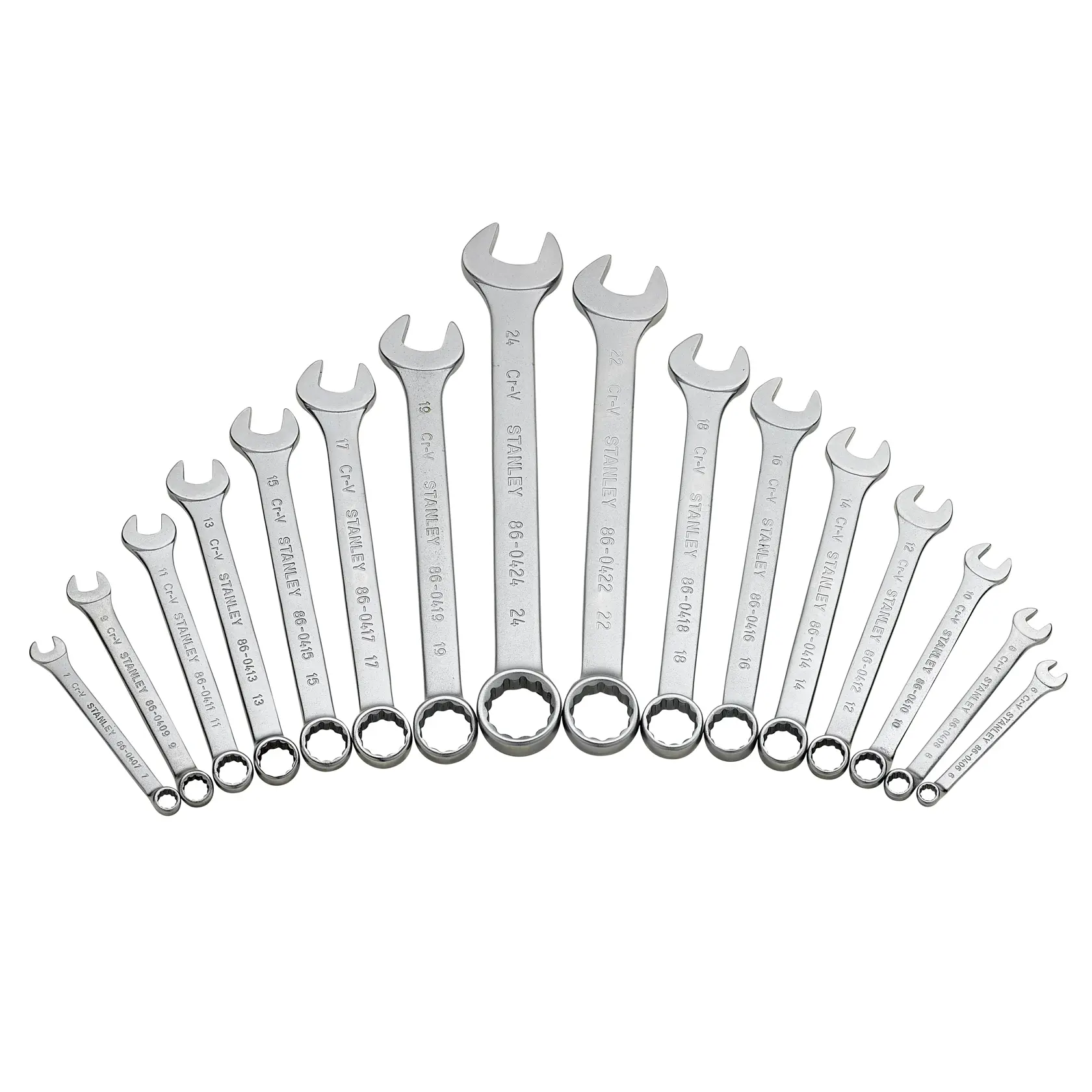 STANLEY STMT1-74178 Maulschlüssel-Set, 16-teilig, Chrom-Finish, halbkreisförmig angeordnet, Draufsicht auf weißem Hintergrund.