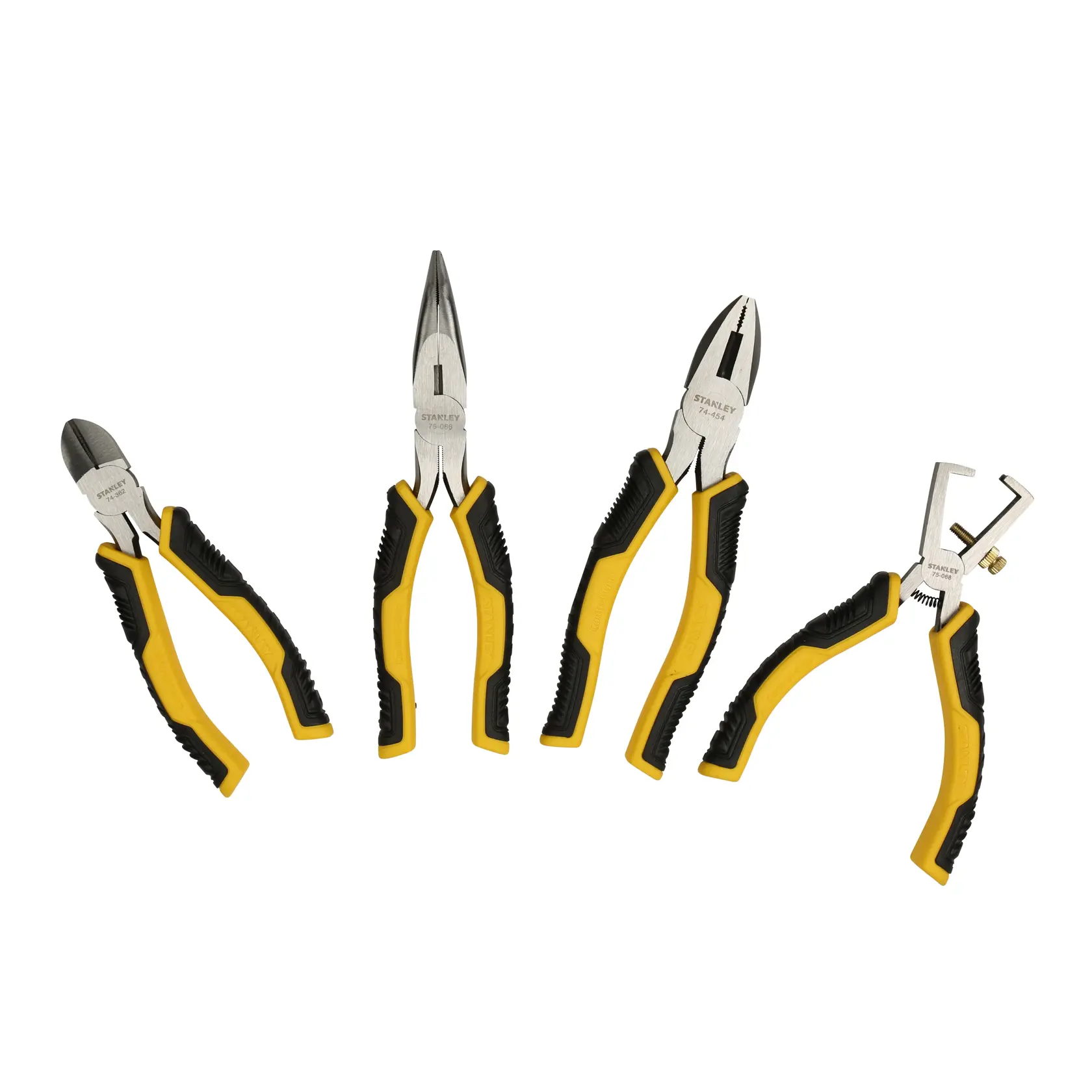 STANLEY STMT1-74179 plier set with black and yellow grips, four pliers on white background, front view.