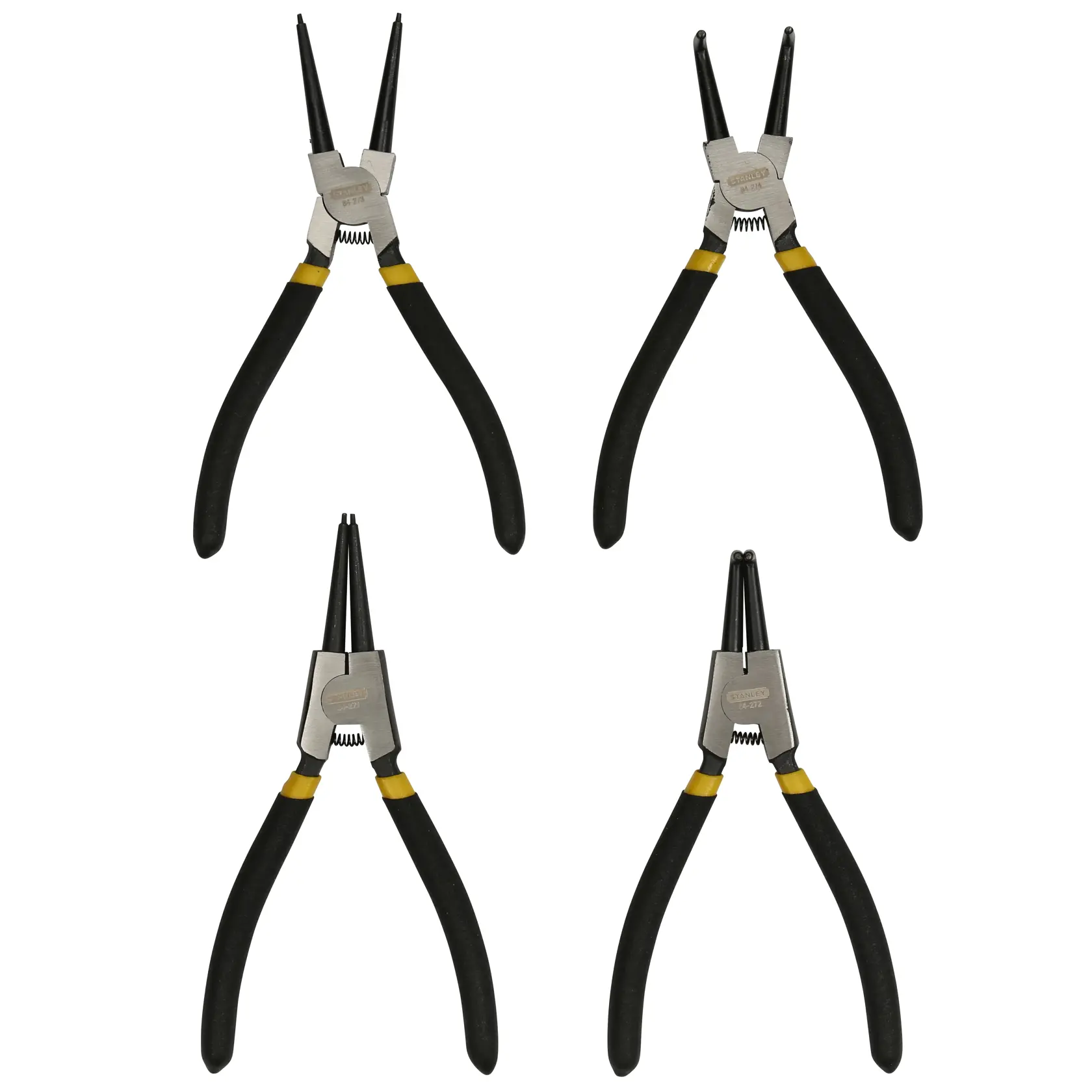 Four STANLEY pliers with black handles for snap rings, shown against a white background.