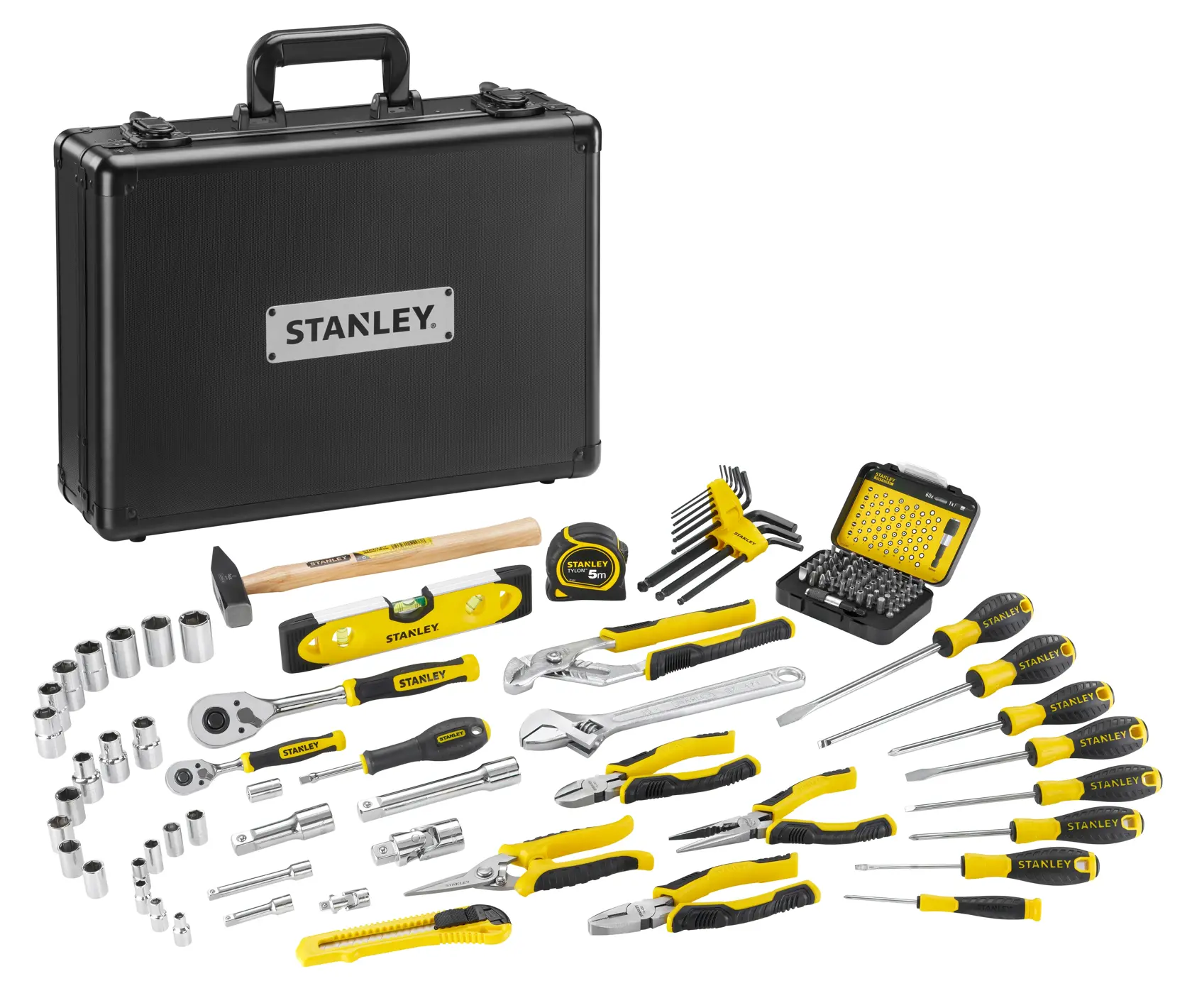 STANLEY STMT72986-1 Werkzeugset mit schwarzem Koffer, Schraubendrehern, Stecknüssen, Zangen und Zubehör, Frontansicht.