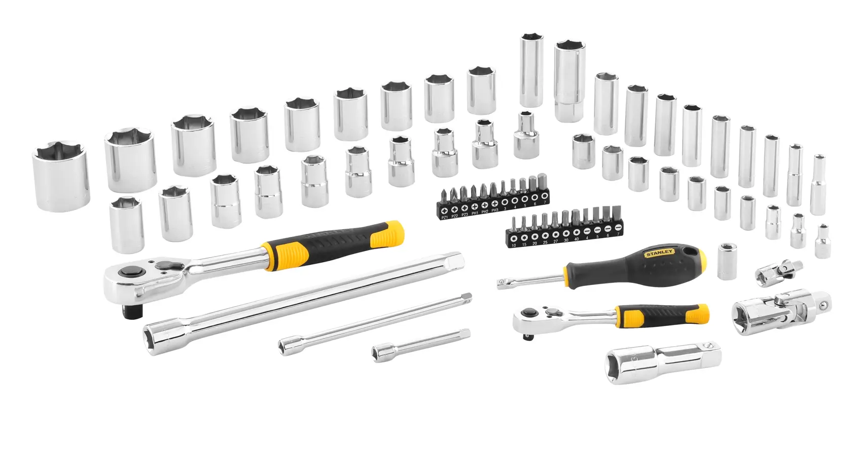 STANLEY STMT82831-1 Steckschlüssel- und Ratschen-Set mit Schraubendreher, Chrom-Finish, Fotografie, Winkel weißer Hintergrund.
