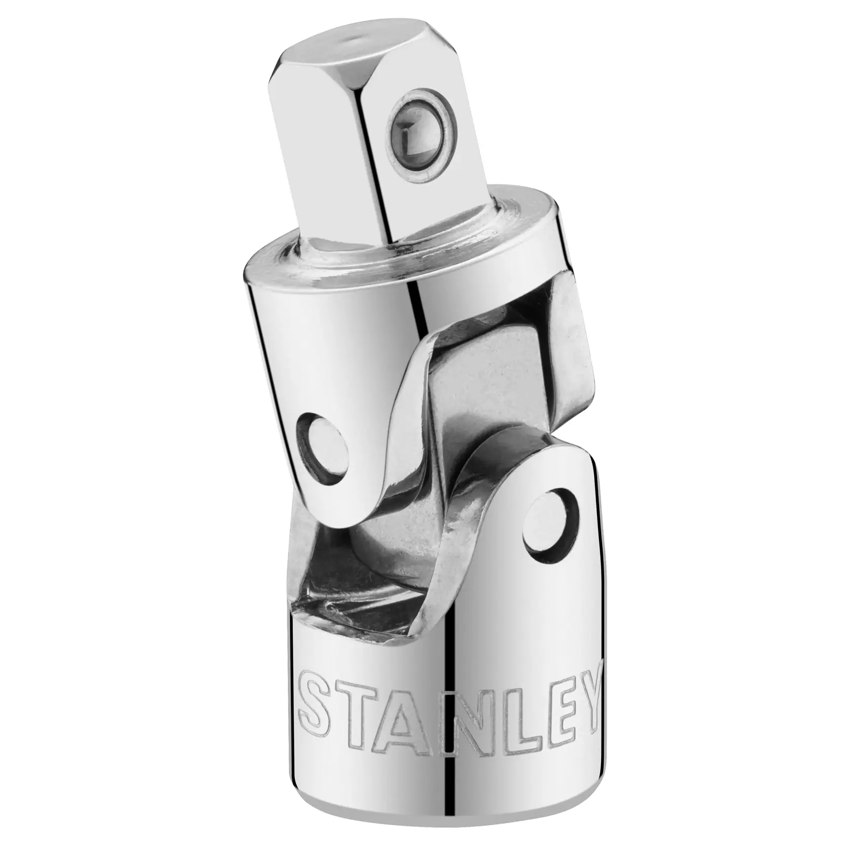 STANLEY STMT86011-0 verchromter Universal-Gelenkadapter, Nahaufnahme vor weißem Hintergrund.