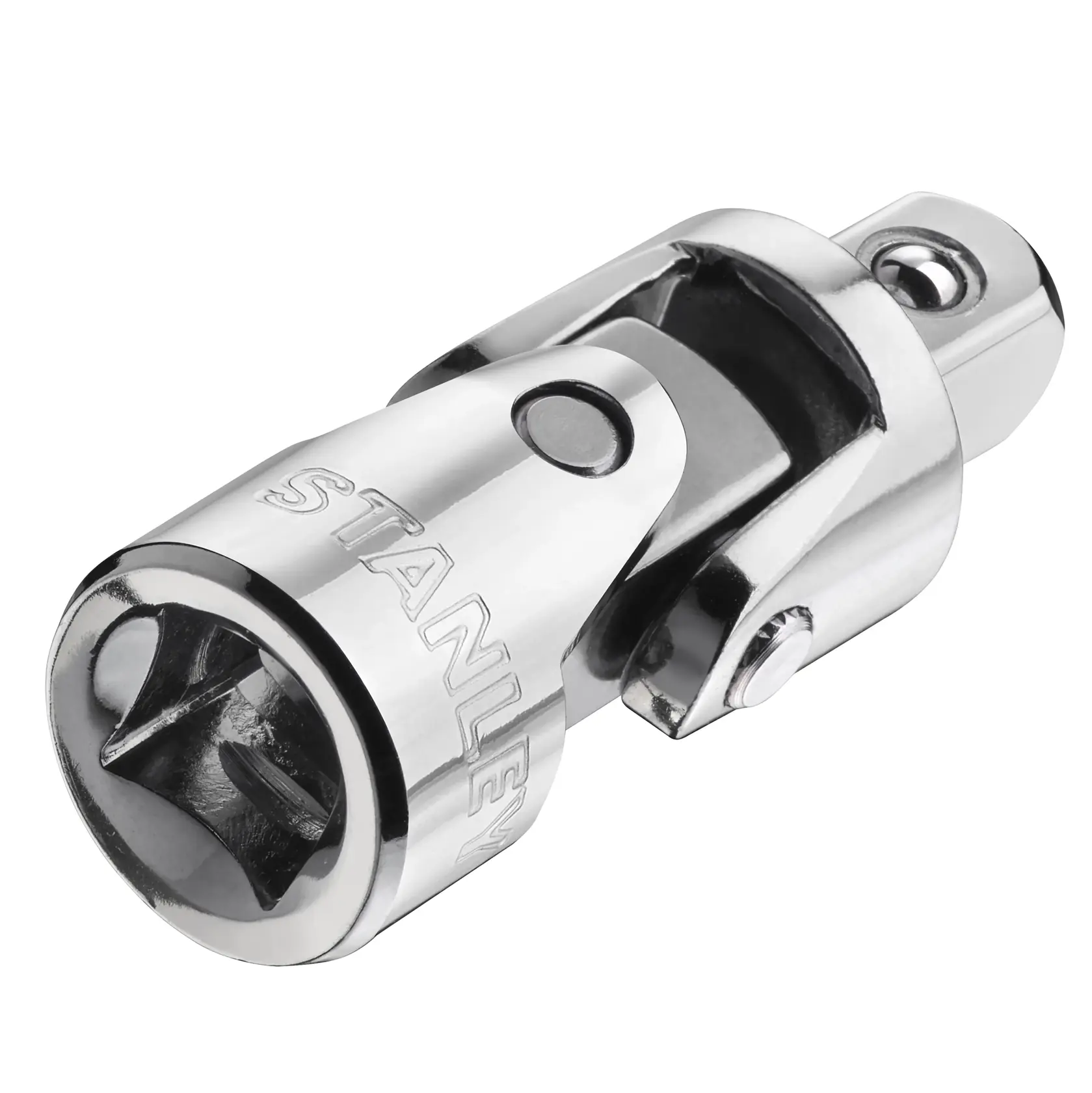 STANLEY STMT86011-0 verchromter Universal-Gelenkadapter, Nahaufnahme auf weißem Hintergrund.