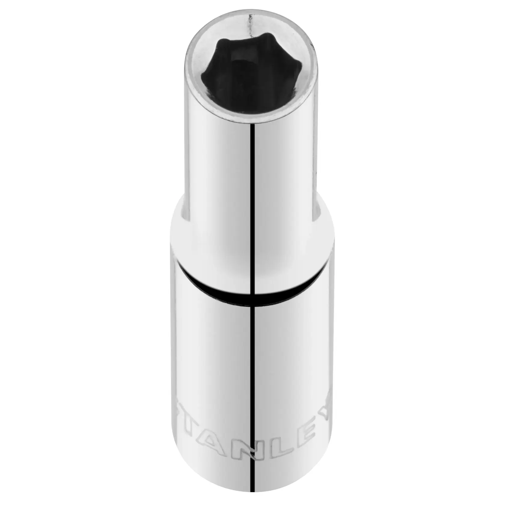STANLEY STMT86094-0 Chrom-Steckschlüssel von oben auf weißem Hintergrund, mit Sechskant-Innendesign.