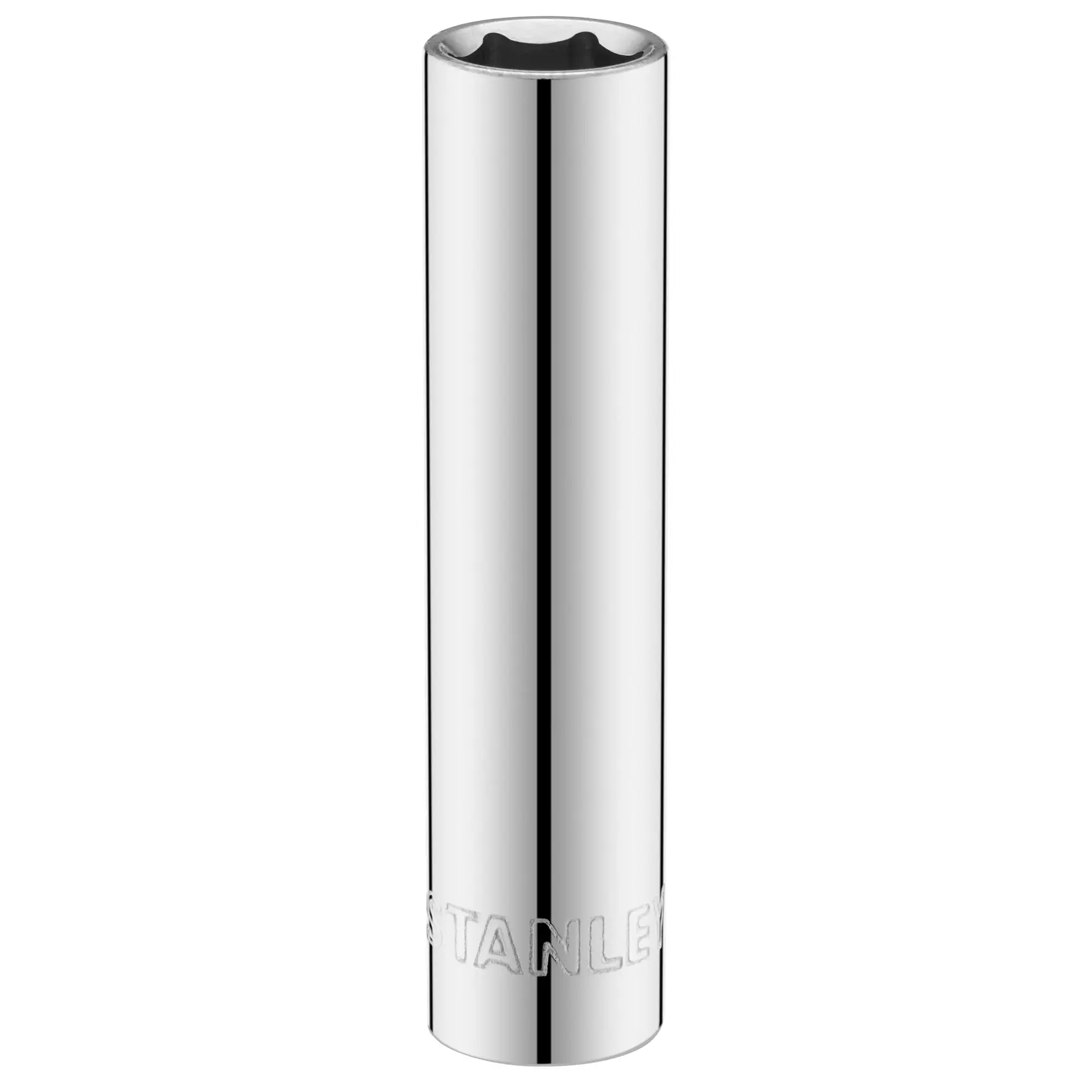 STANLEY STMT86096-0 Chrom-Tiefsteckschlüssel, zylindrische Form, Vorderansicht, weißer Hintergrund.