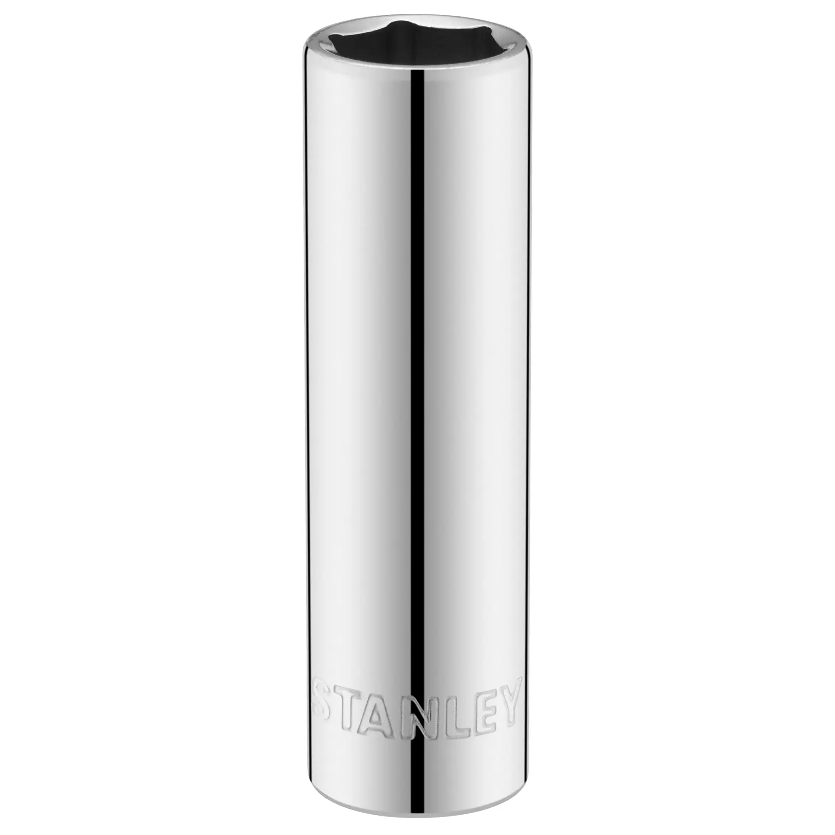Foto des STANLEY STMT86098-0 verchromten Tiefen-Steckschlüssels, Werkzeug, Frontansicht auf weißem Hintergrund.