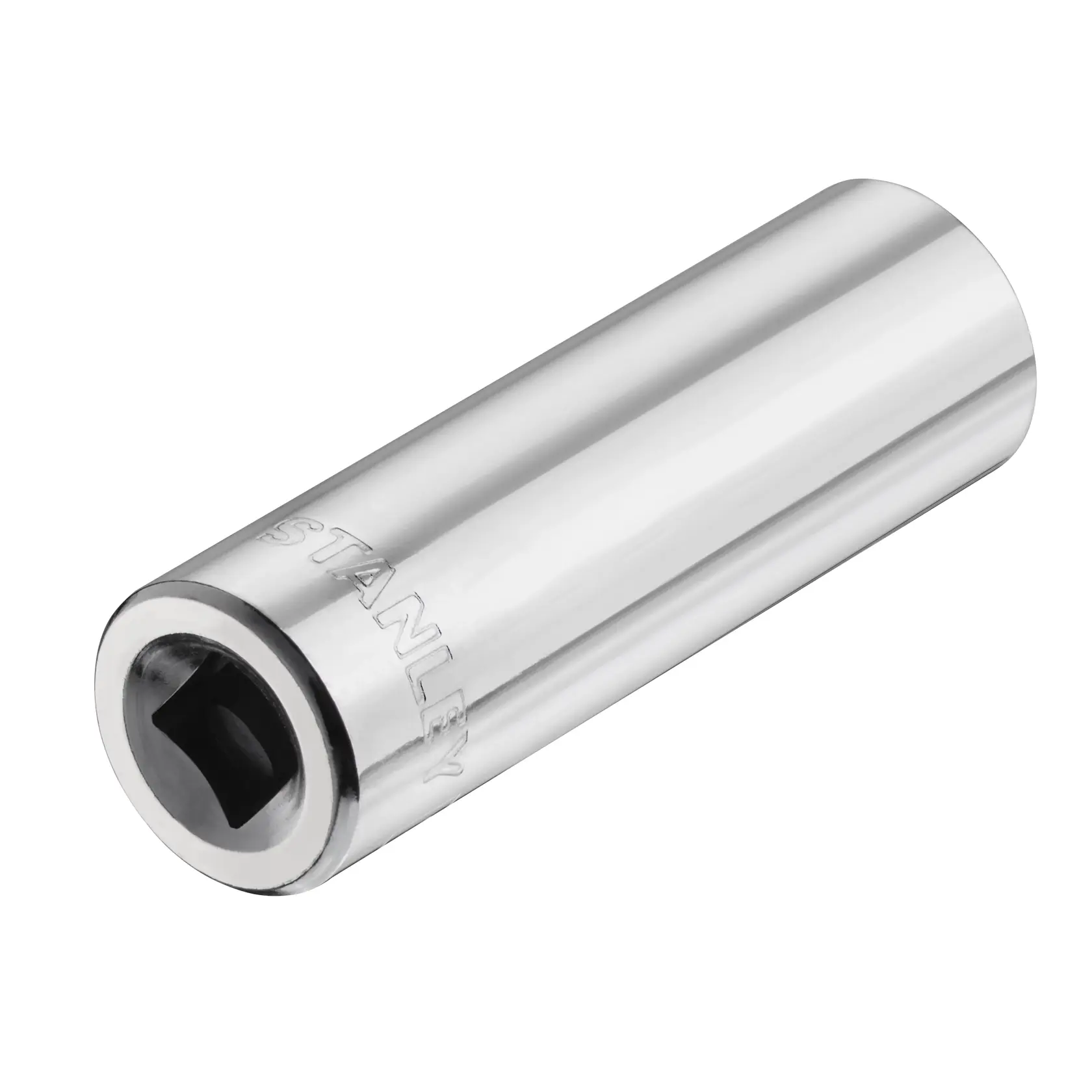 STANLEY STMT86099-0 verchromte Tiefstecknuss, Produktwinkel vor weißem Hintergrund.