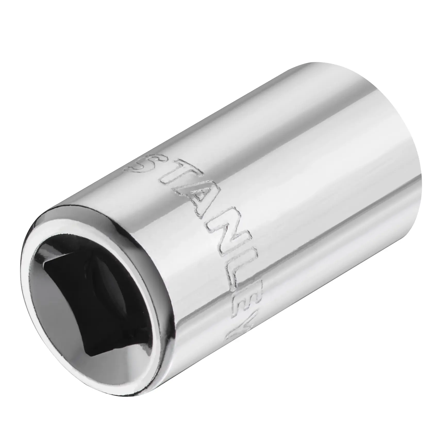 STANLEY STMT86106-0 Chrom-Steckschlüssel, zylindrisches Werkzeug mit graviertem Logo, Seitenansicht, weißer Hintergrund.