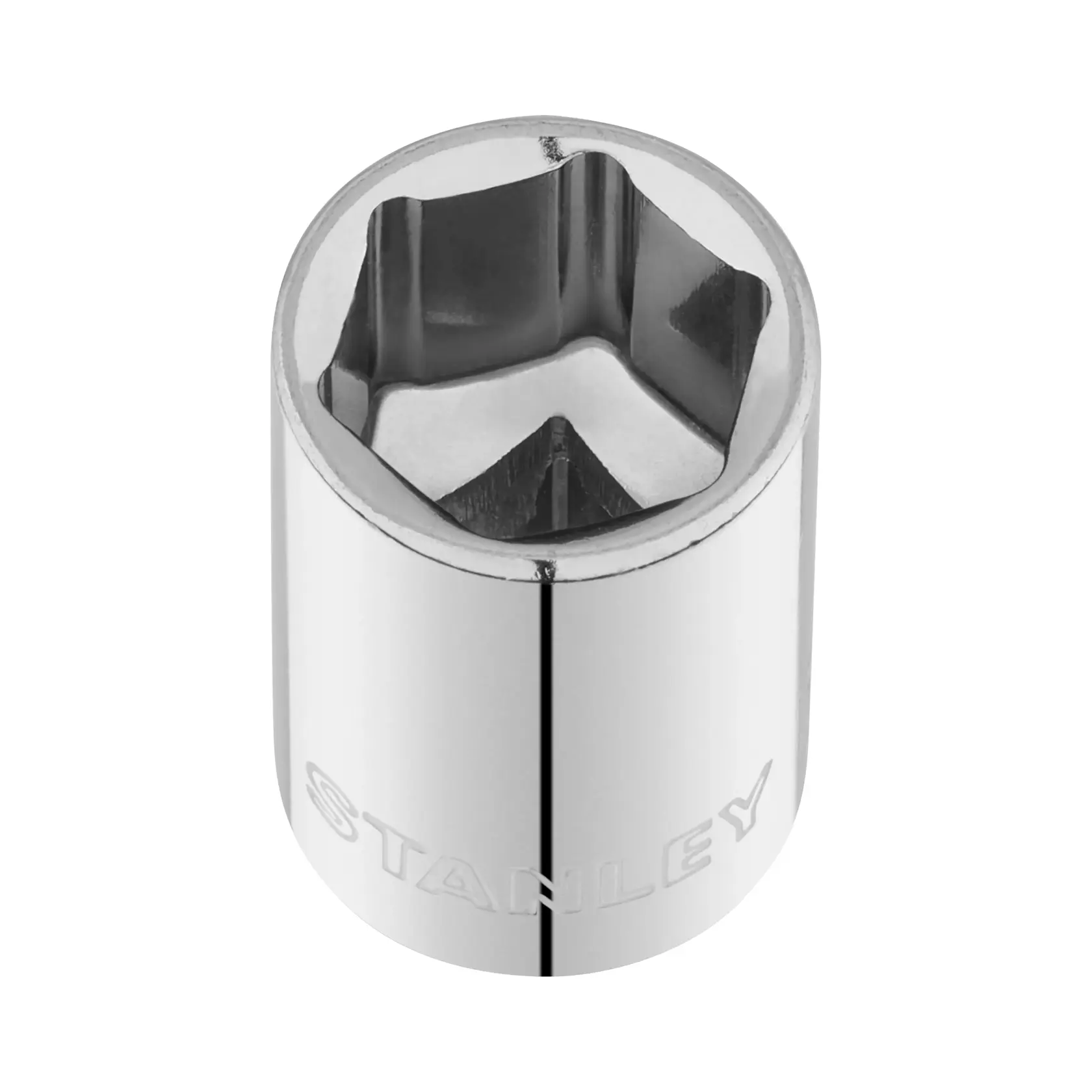 STANLEY STMT86109-0 polierte Chrom-Stecknuss, Produktansicht auf weißem Hintergrund, Werkzeugzubehör.