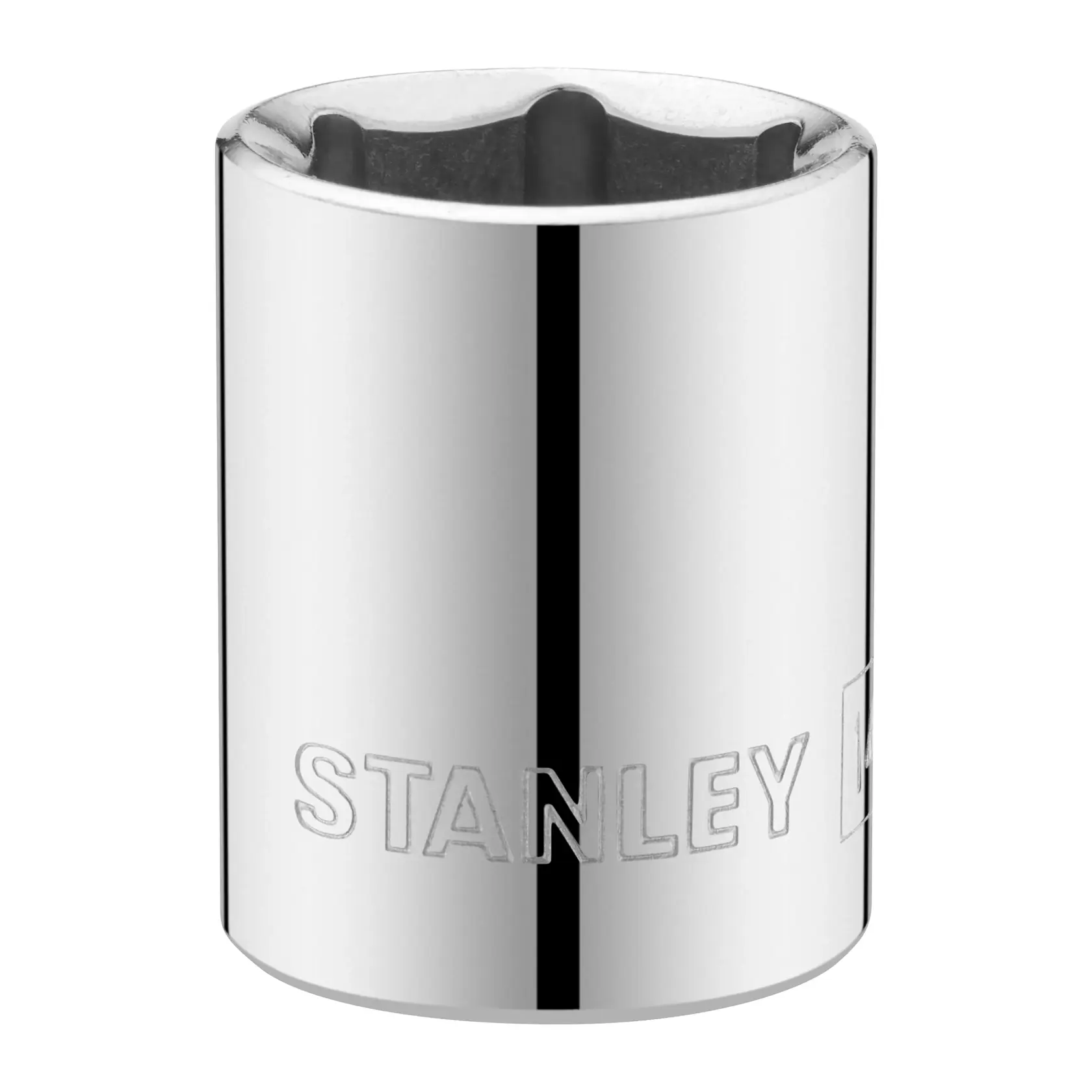 STANLEY STMT86114-0 Chrom-Stecknuss, Vorderansicht, mit eingraviertem Markennamen, auf weißem Hintergrund fotografiert.