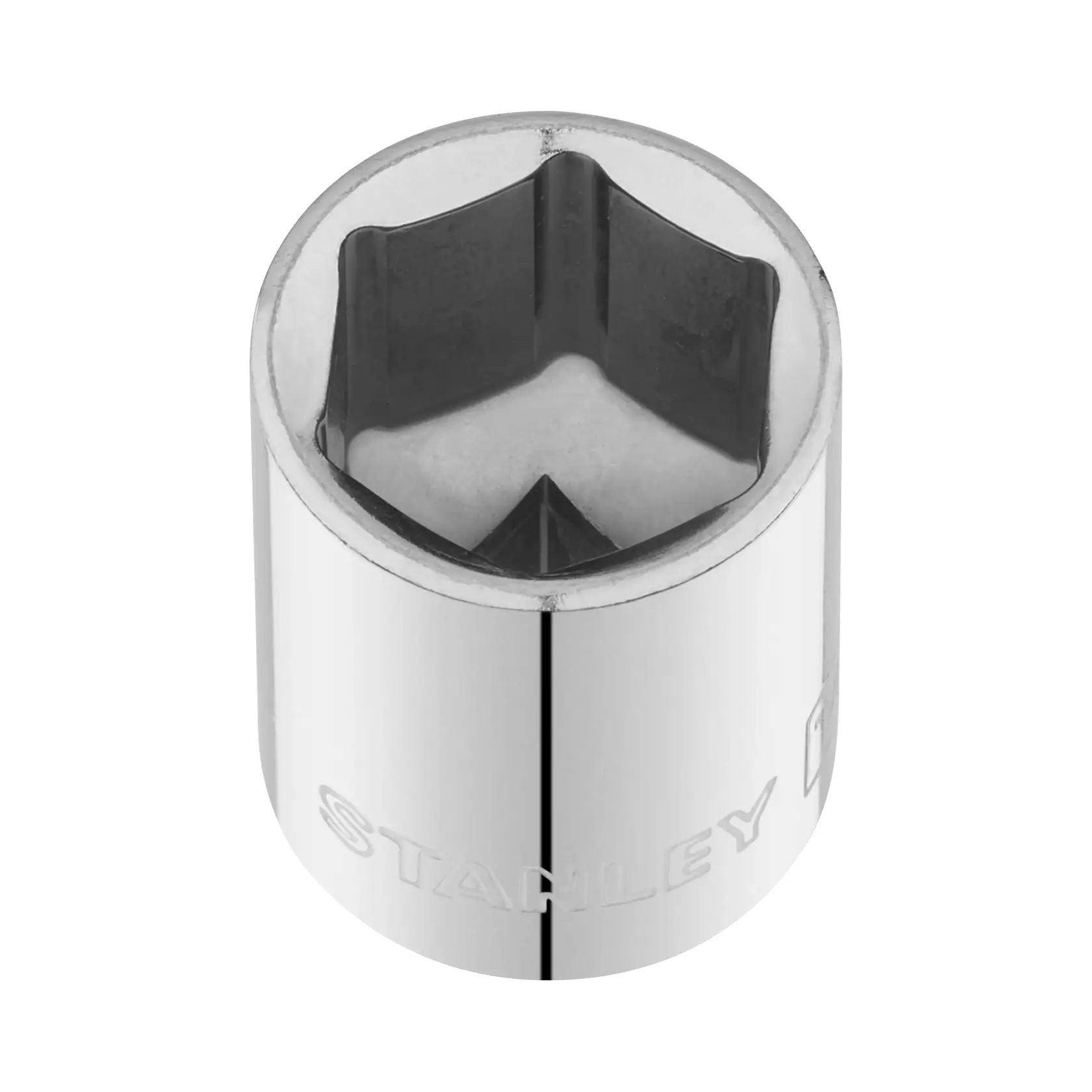 STANLEY STMT86114-0 Chrom-Stecknuss, sechskant Design, von oben auf weißem Hintergrund fotografiert.