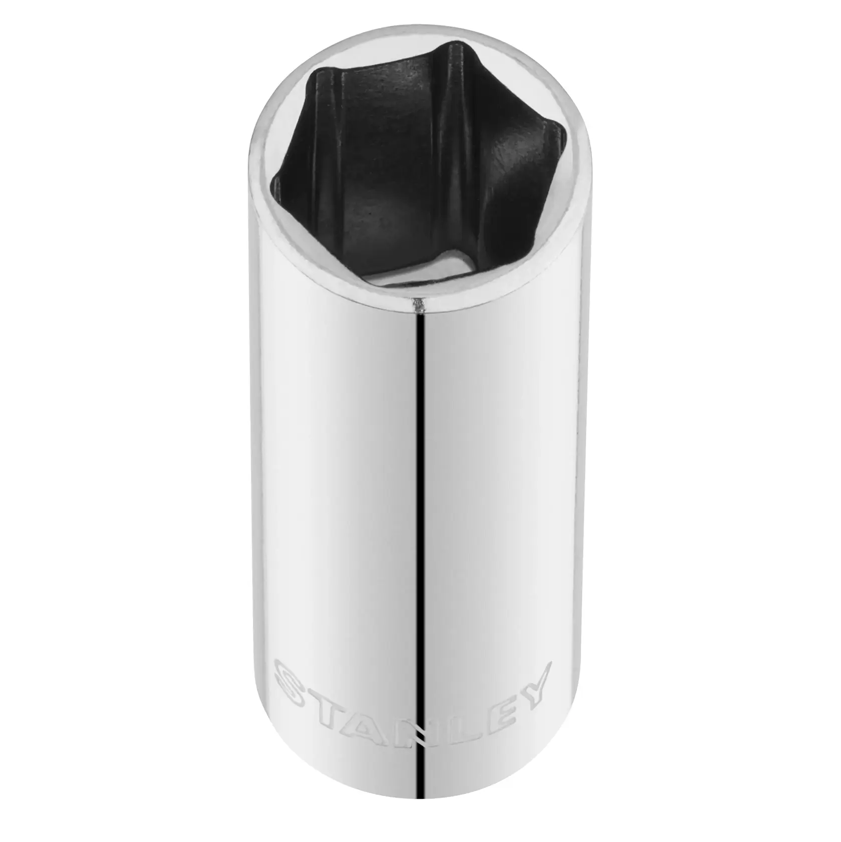 STANLEY STMT86116-0 Chrom-Steckschlüssel, Draufsicht, Sechskant-Design auf weißem Hintergrund.