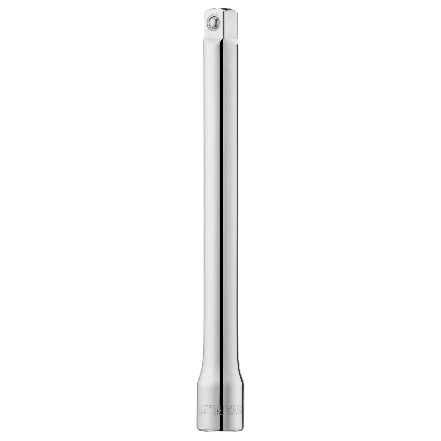 STANLEY STMT86207-0 verchromte Verlängerungsstange für Steckschlüssel, vertikal auf weißem Hintergrund fotografiert.