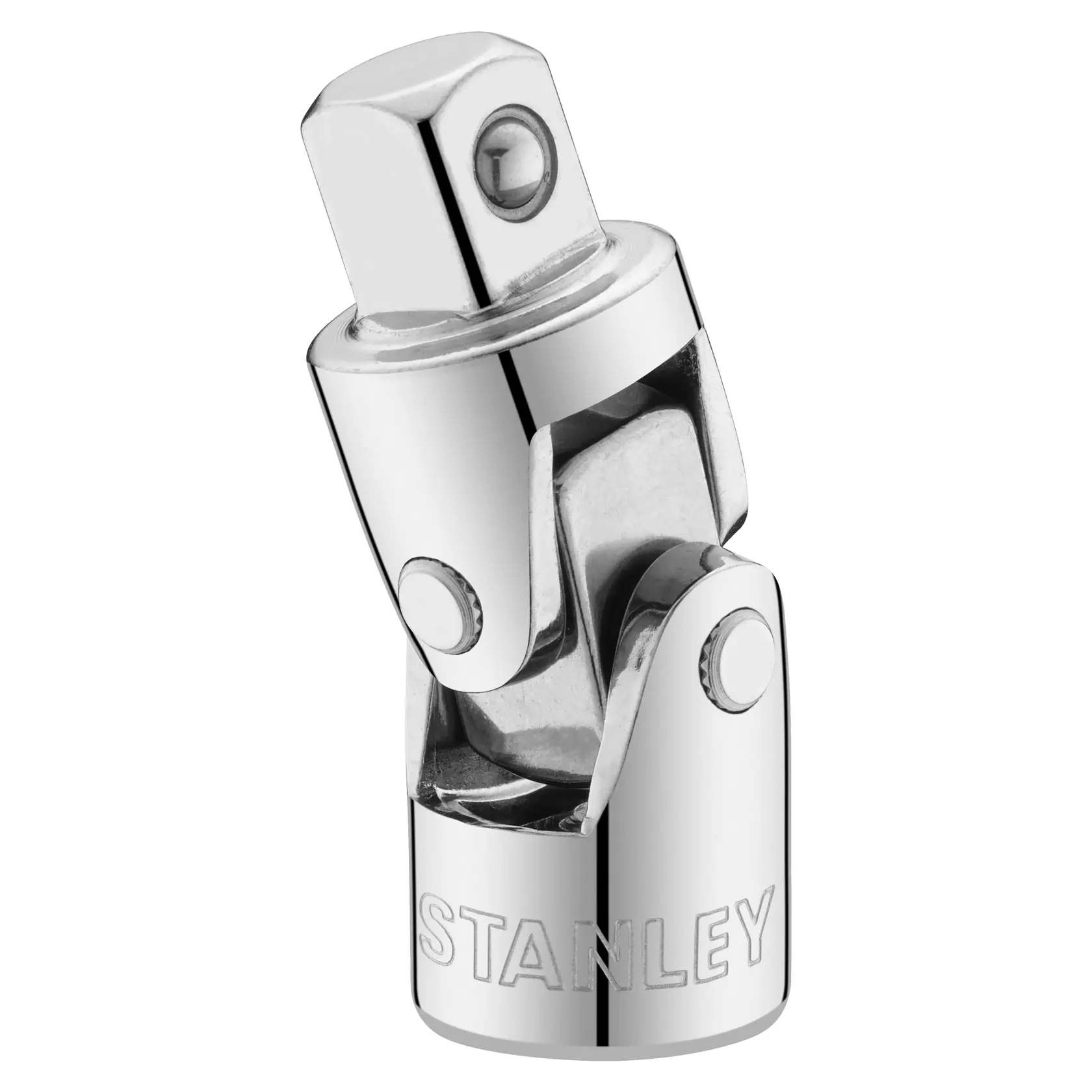 Foto des verchromten Universal-Gelenkadapters STANLEY STMT86211-0, Vorderansicht auf weißem Hintergrund.