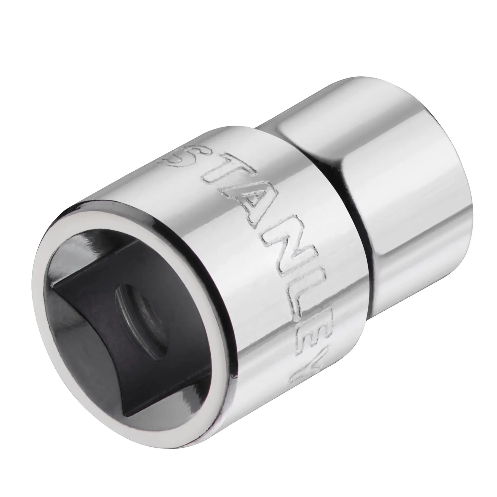 STANLEY STMT86305-0 verchromter Steckschlüsseladapter, Werkzeugzubehör, Vorderansicht auf weißem Hintergrund.