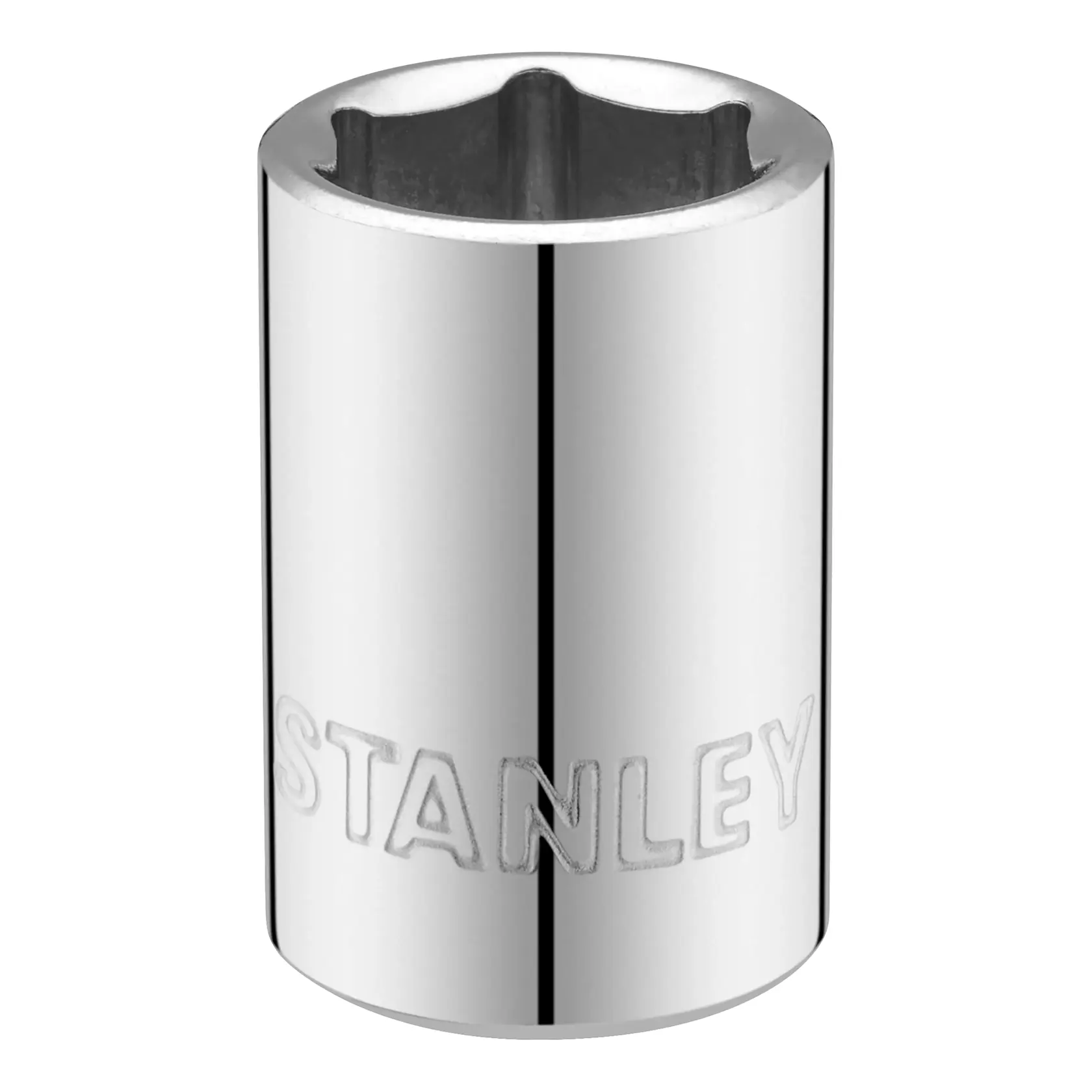 STANLEY STMT86307-0 Stecknuss chrom, Frontansicht, Sechskantöffnung, polierte Oberfläche.