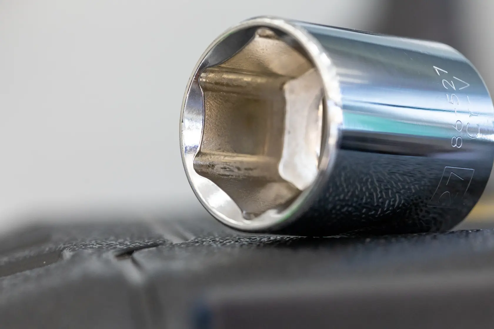 STANLEY STMT86307-0 chrome socket close-up, showing six-point design and engraved details.