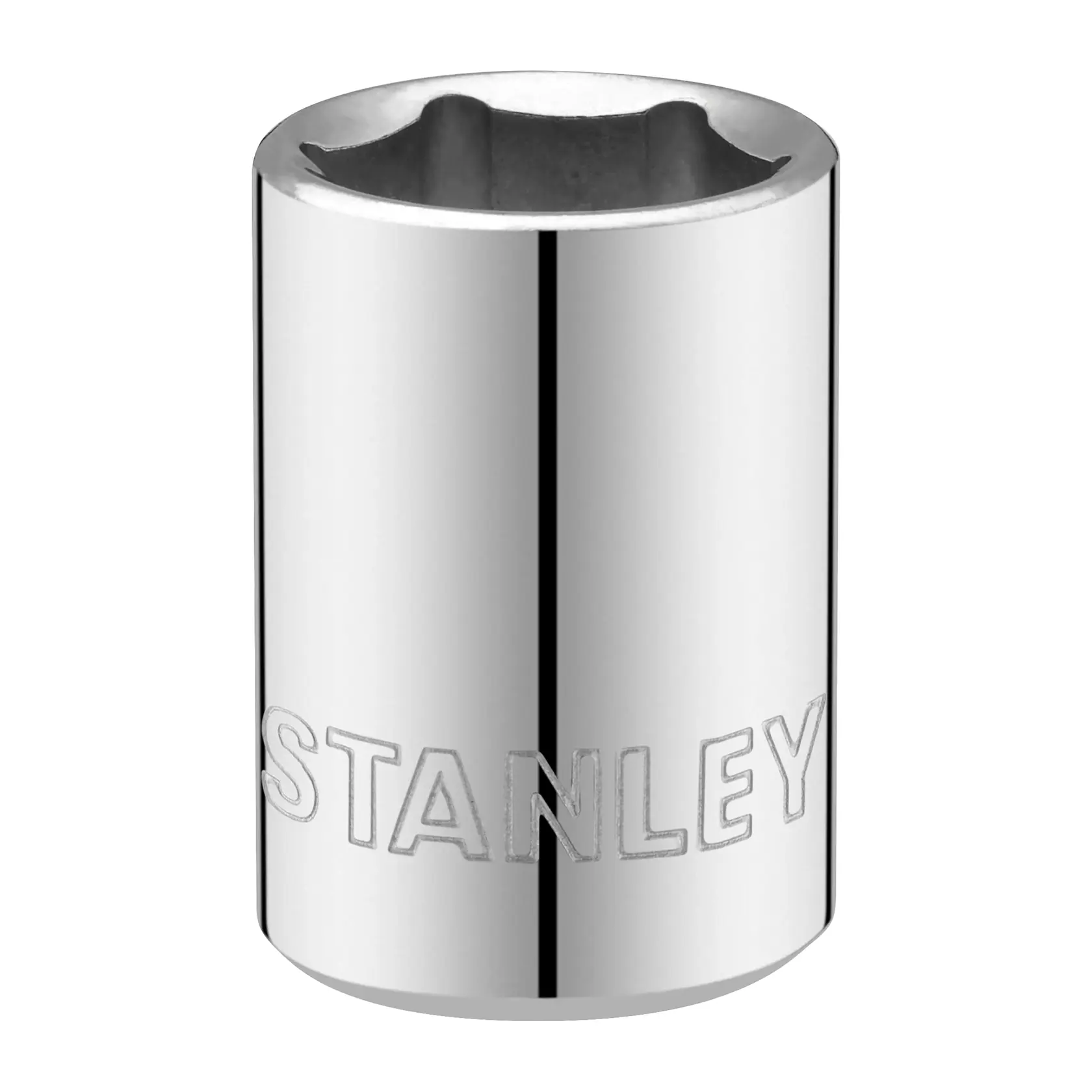 STANLEY STMT86308-0 Chrom-Stecknuss, Produktfoto, Frontansicht, sichtbares STANLEY Logo, weißer Hintergrund.