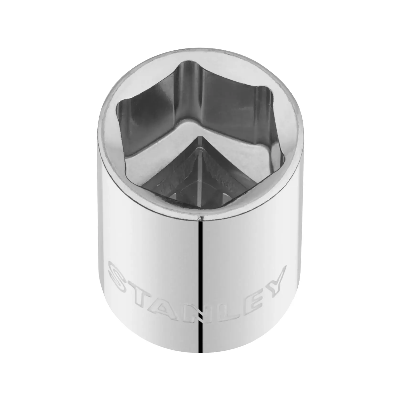 STANLEY STMT86310-0 chrome hex socket tool, top angle, photography on white background.