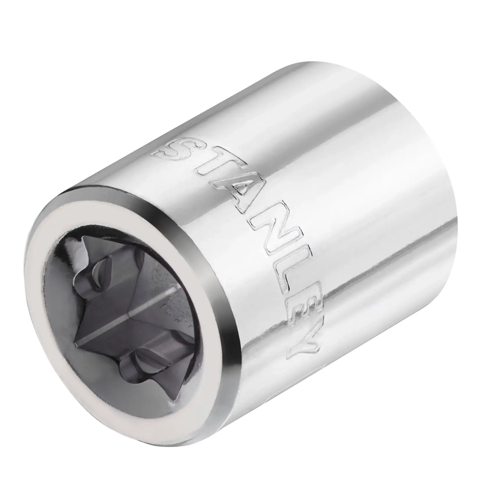 STANLEY STMT86310-0 chrome socket, close-up angled view, with engraved logo, shiny metal finish.