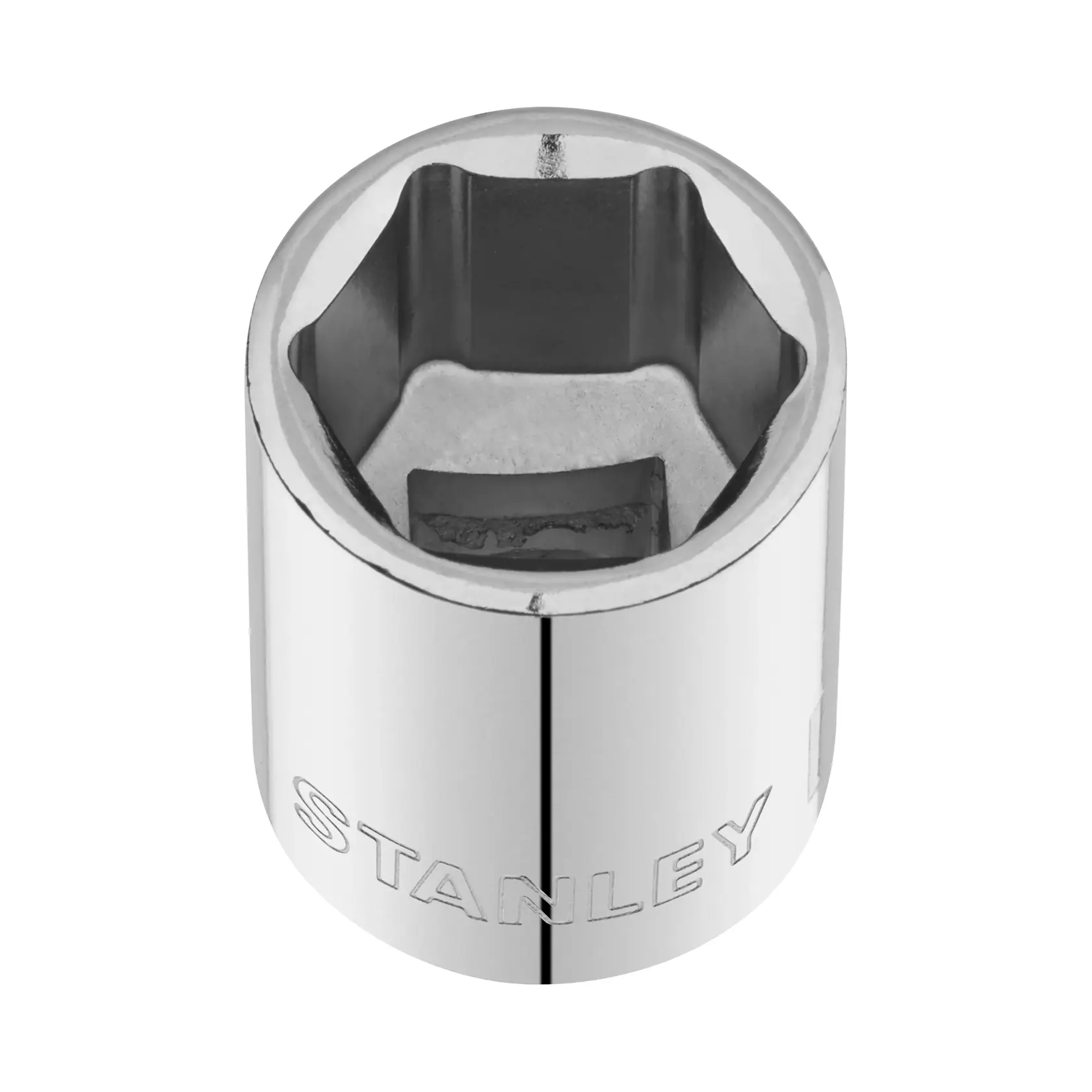 STANLEY STMT86312-0 Chrom-Stecknuss, Draufsicht, zeigt Sechskant-Design und eingravierten Markennamen, Fotografie.