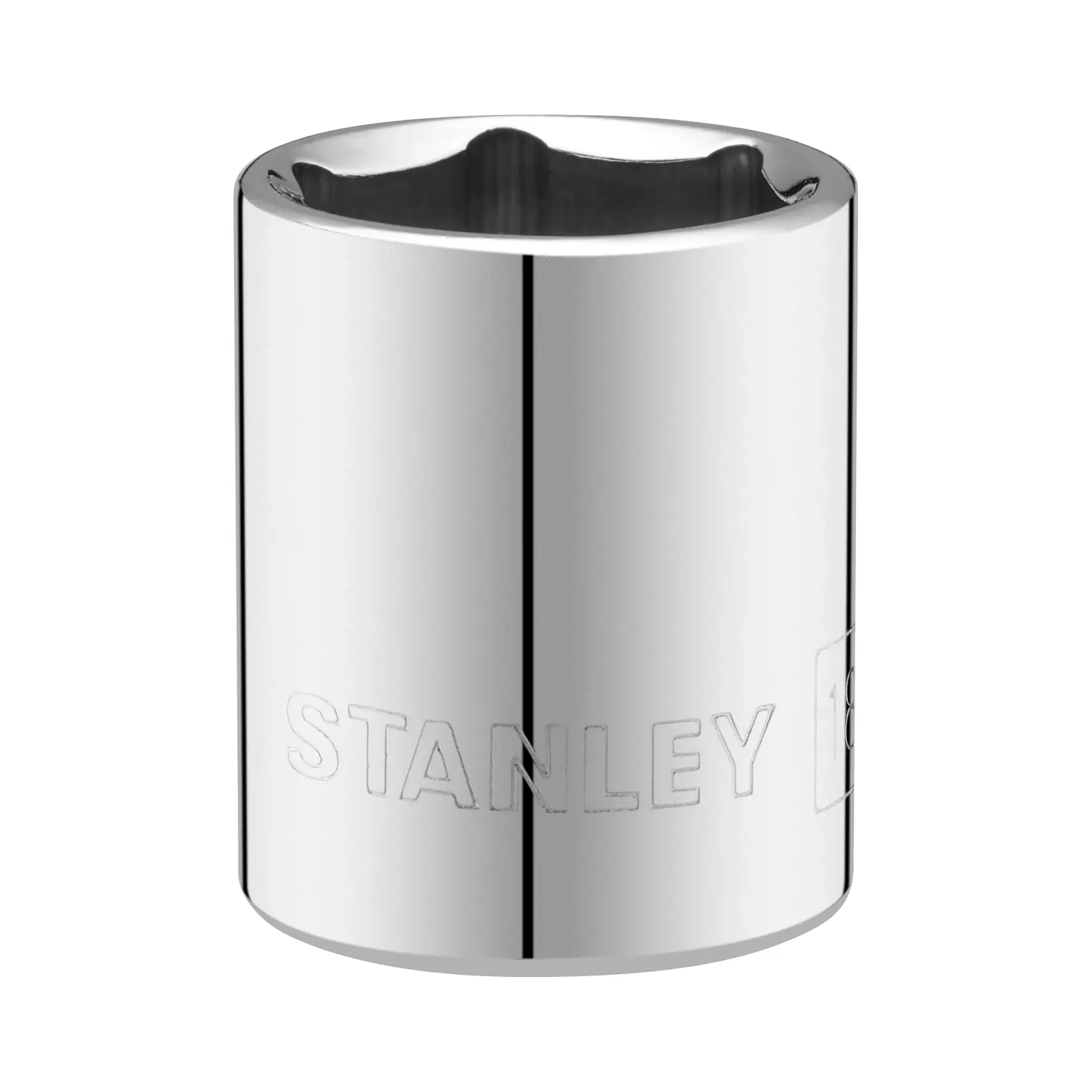STANLEY STMT86313-0 Chrom-Steckschlüssel, zylindrisch, mit geprägtem Logo, Produktfotografie vor weißem Hintergrund.