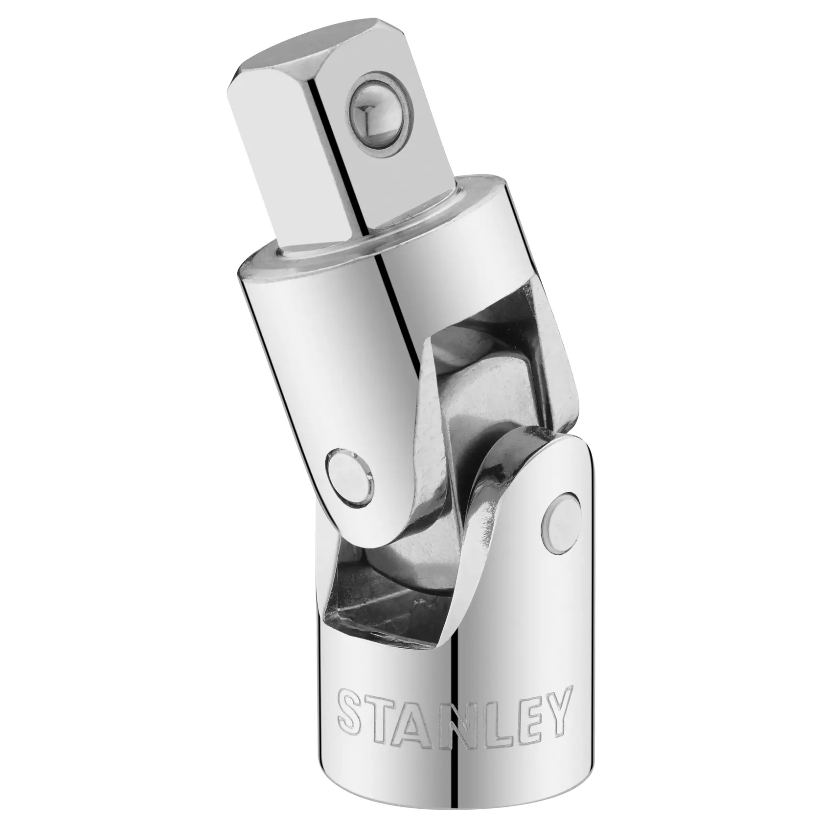 Foto des verchromten Universal-Gelenkadapters STANLEY STMT86411-0, Werkzeug mit eingraviertem Markennamen, Vorderansicht auf Weiß.