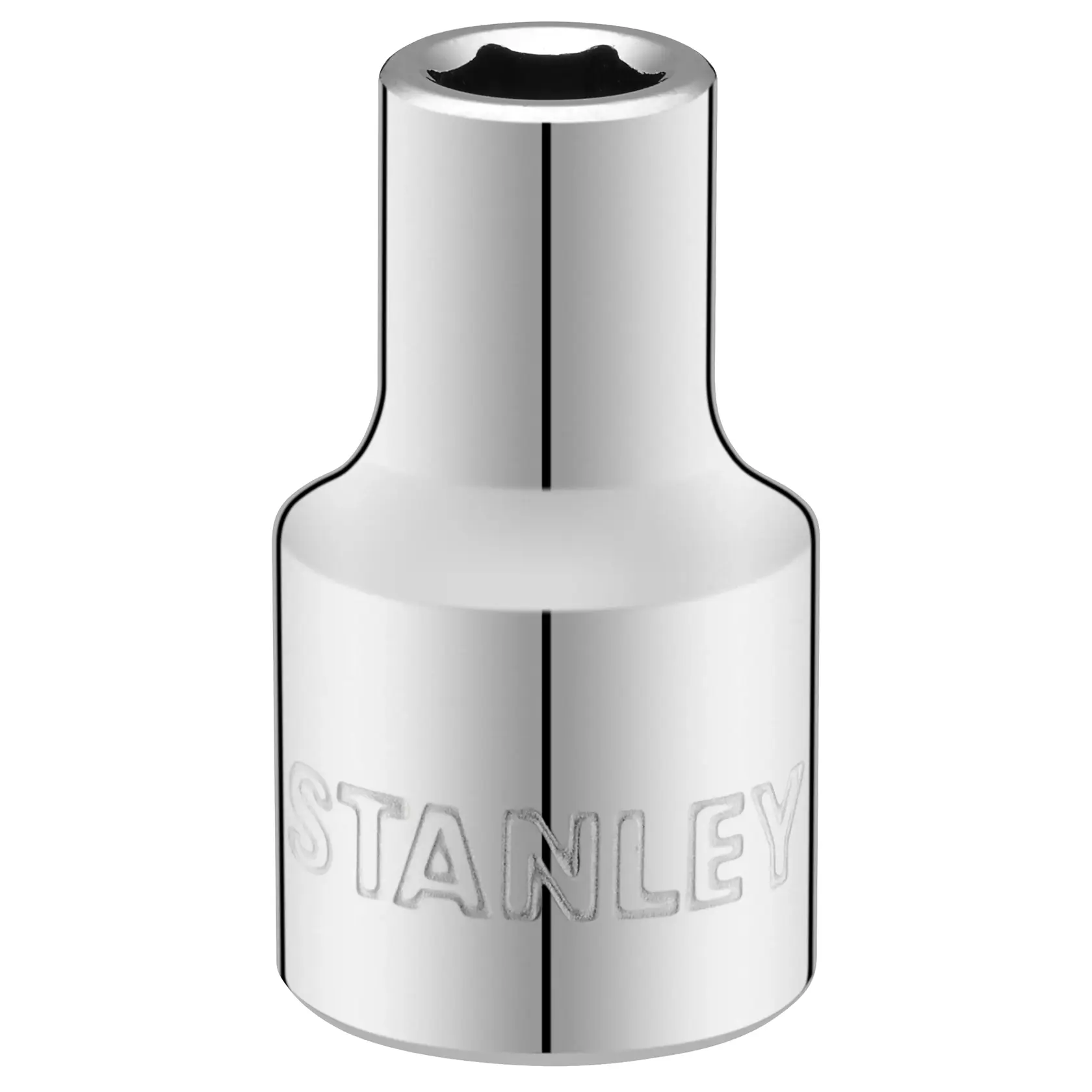 STANLEY STMT86508-0 Chrom-Stecknuss, Vorderansicht auf weißem Hintergrund, kompaktes zylindrisches Handwerkzeugzubehör.