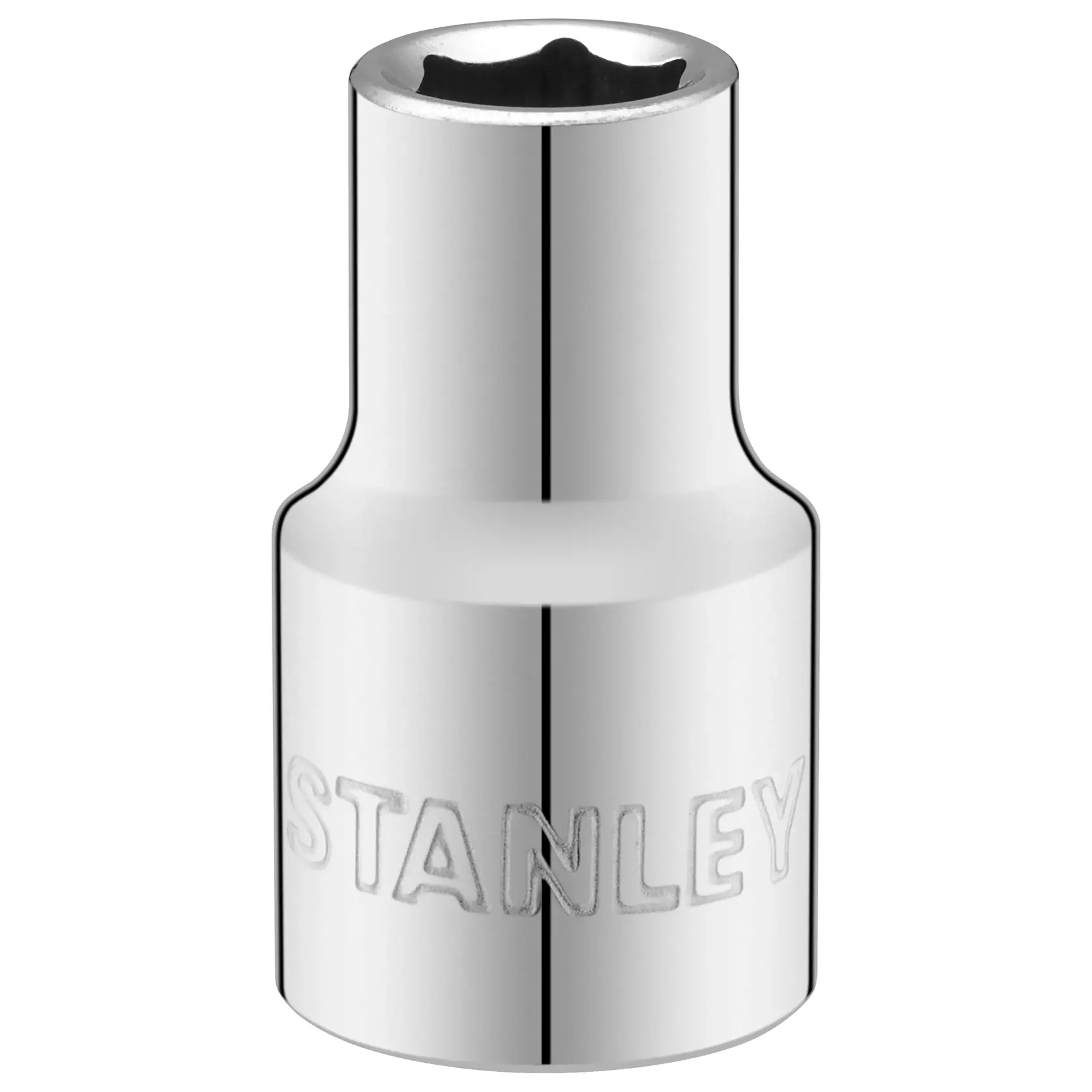 Foto der verchromten Stecknuss STANLEY STMT86510-0, geprägtes Logo, Werkzeug, Vorderansicht auf Weiß.