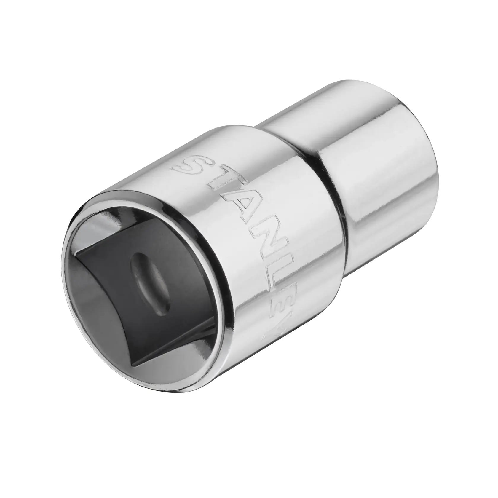STANLEY STMT86512-0 Chrom-Adapter mit Branding, schräg auf weißem Hintergrund gezeigt.